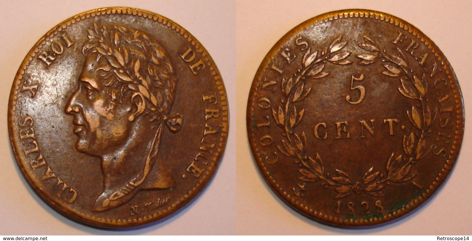 5 CENTIMES A, COLONIES FRANÇAISES, CHARLES X, 1828. Qualité, Patine. - Colonies Générales (1817-1844)