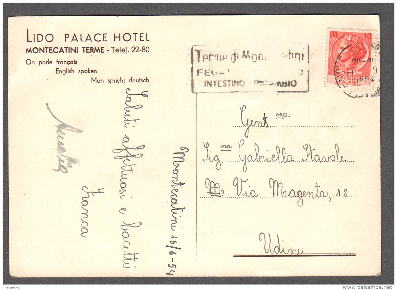 1954 MONTECATINI LIDO PALACE HOTEL FG V  SEE 2 SCANS TARGHETTA TERME - Altri & Non Classificati