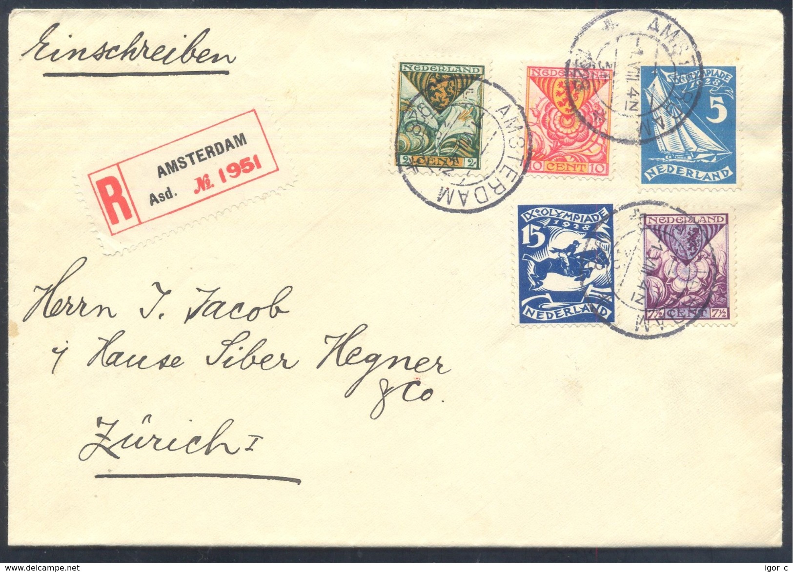 Netherlands 1928 Registered Cover: Olympic Games Olympiade Amsterdam Equestrian; Sailing Lion Löwe Coat Of Arms - Estate 1928: Amsterdam