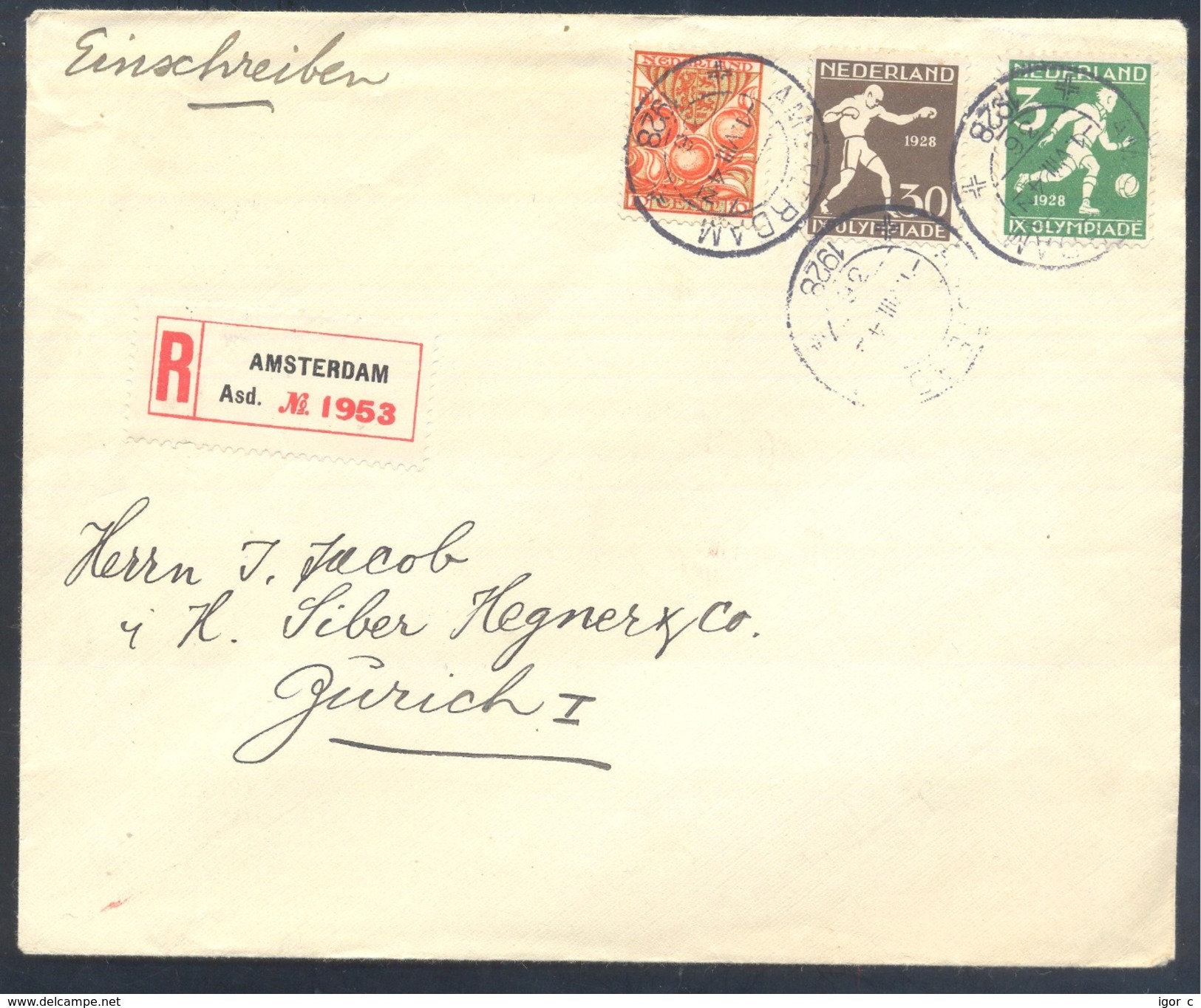 Netherlands 1928 Registered Cover: Olympic Games Olympiade Amsterdam Football Soccer Boxing Lion Löwe Coat Of Arms - Sommer 1928: Amsterdam