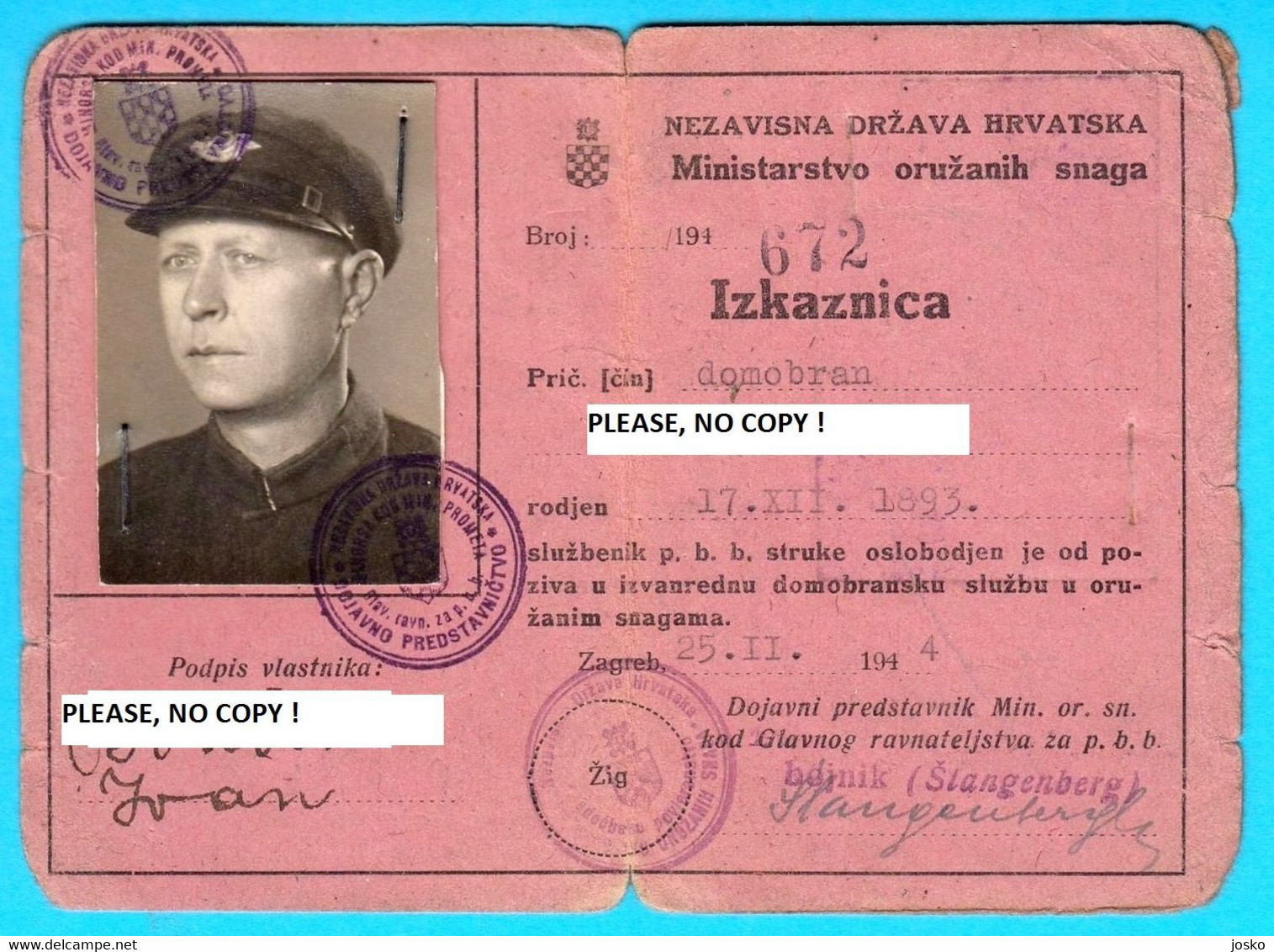 WW2 - CROATIA (NDH) ORIGINAL VINTAGE MILITARY ID CARD * Ustashe Ante Pavelic Ustasa Kroatien Croazia Croatie - 1939-45