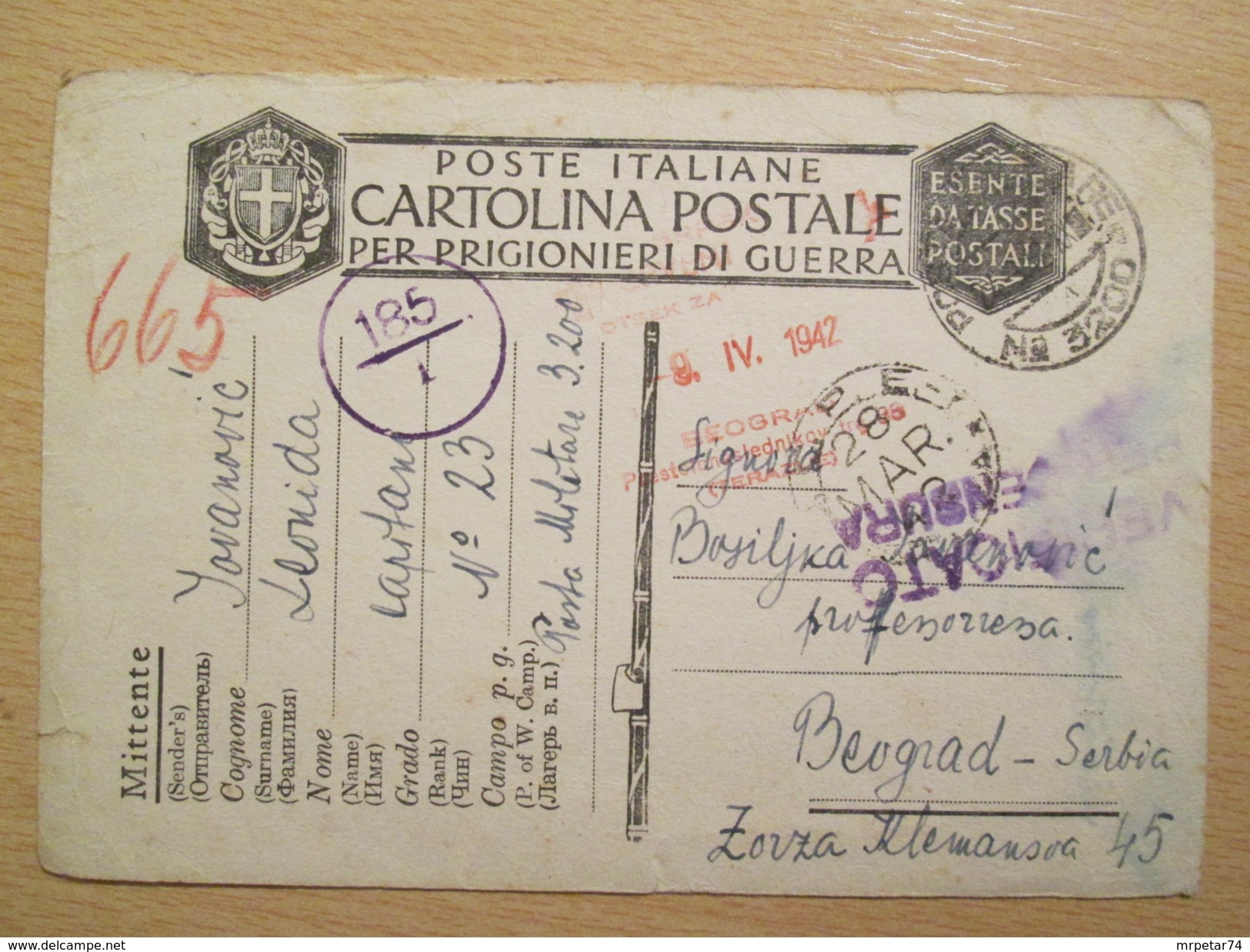 WWII 1942 Italian POW Camp Postcard With Rubber Stamp Of Serbian Red Cross- Section In Ljubljana /Slovenia - Guerra 1939-45