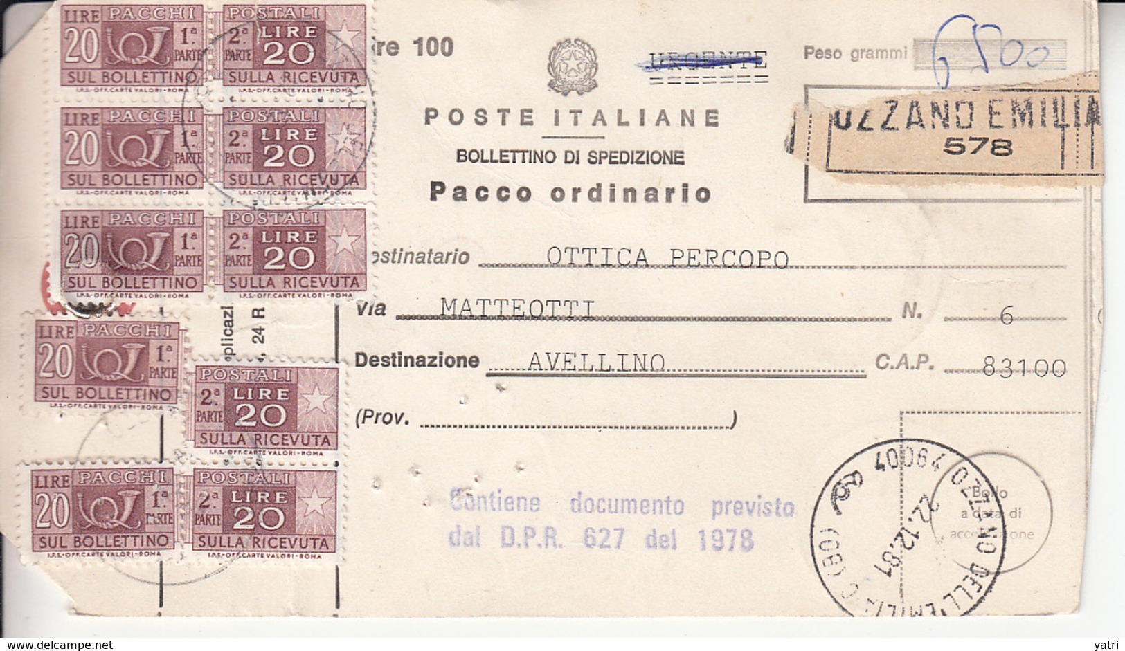 Italia (1981) - Bollettino Pacchi Da Rozzano Emilia Per Avellino (Lenti) - Pacchi Postali
