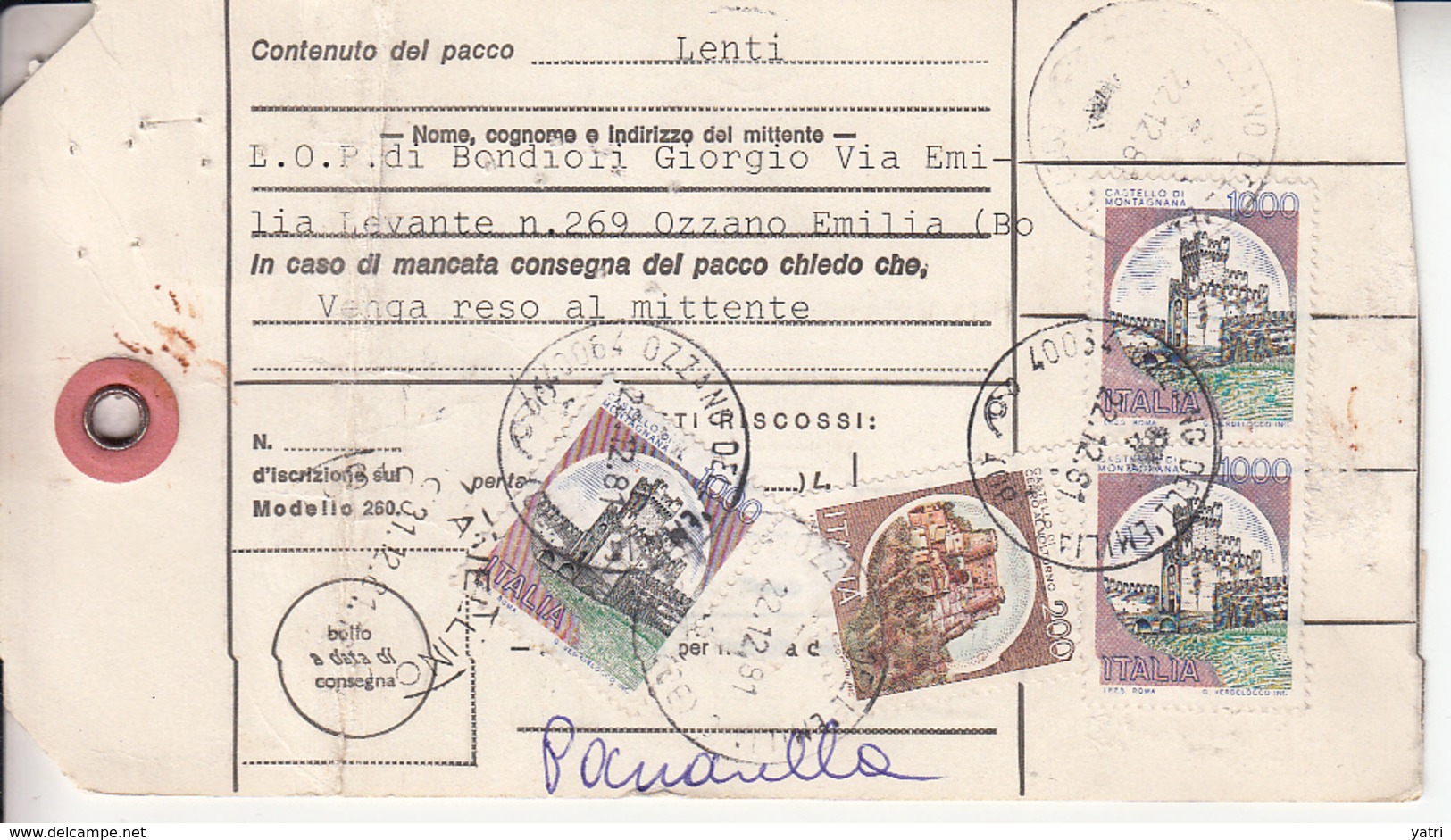 Italia (1981) - Bollettino Pacchi Da Rozzano Emilia Per Avellino (Lenti) - Pacchi Postali