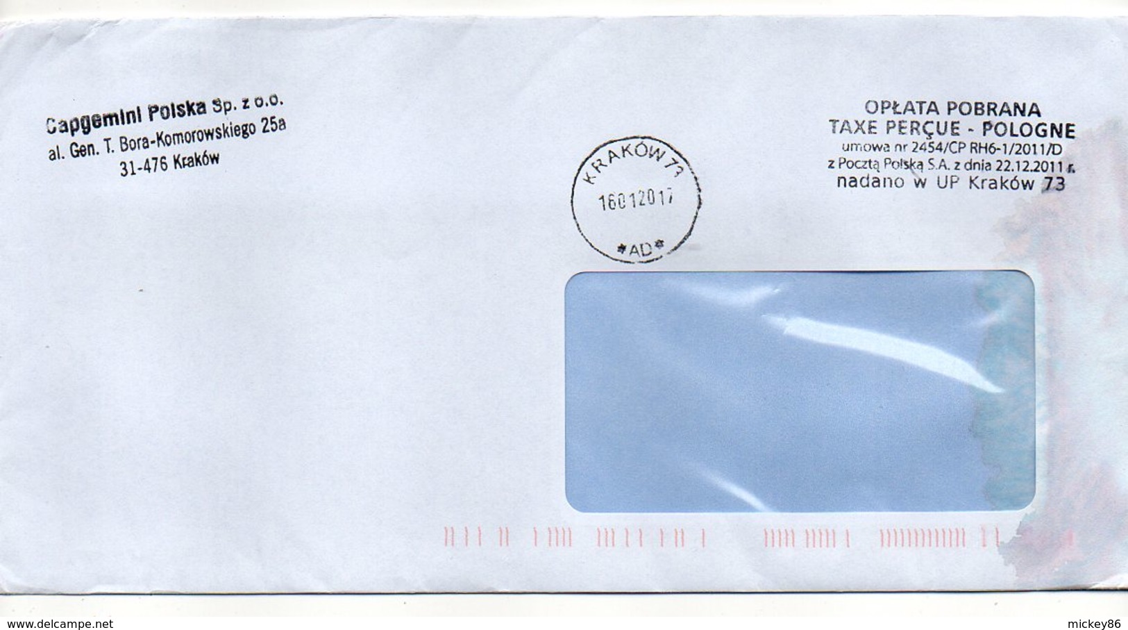 2016--lettre De Cracovie --Cachet KRAKOW--Belle Griffe  "Taxe Perçue" Sur Enveloppe Rectangle à Fenêtre - Covers & Documents