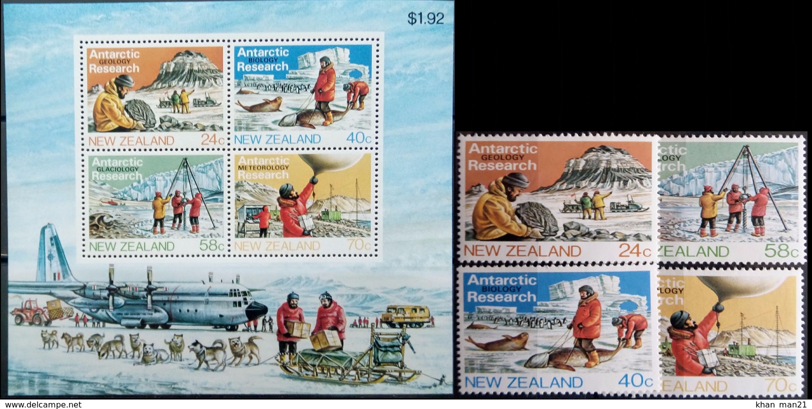 New Zealand, 1984, Sc. 791-94, 794a, Mi. 889-92, Bl. 5, Y&T 859-62, BF 49, SG 1327-31, Antarctic Research, Dogs, Penguin - Forschungsprogramme