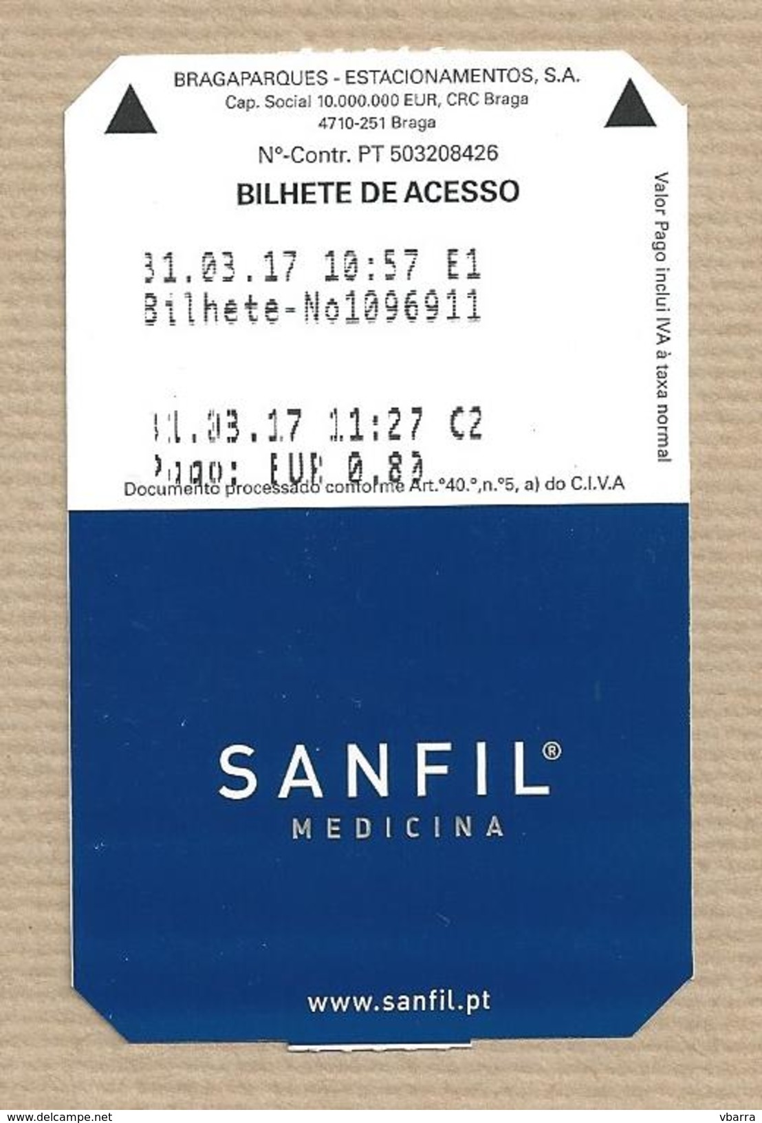 Parking Ticket Bragaparques Coimbra Portugal Billet De Stationnement Ticket De Aparcamiento Bilhete De Estacioamento - Otros & Sin Clasificación