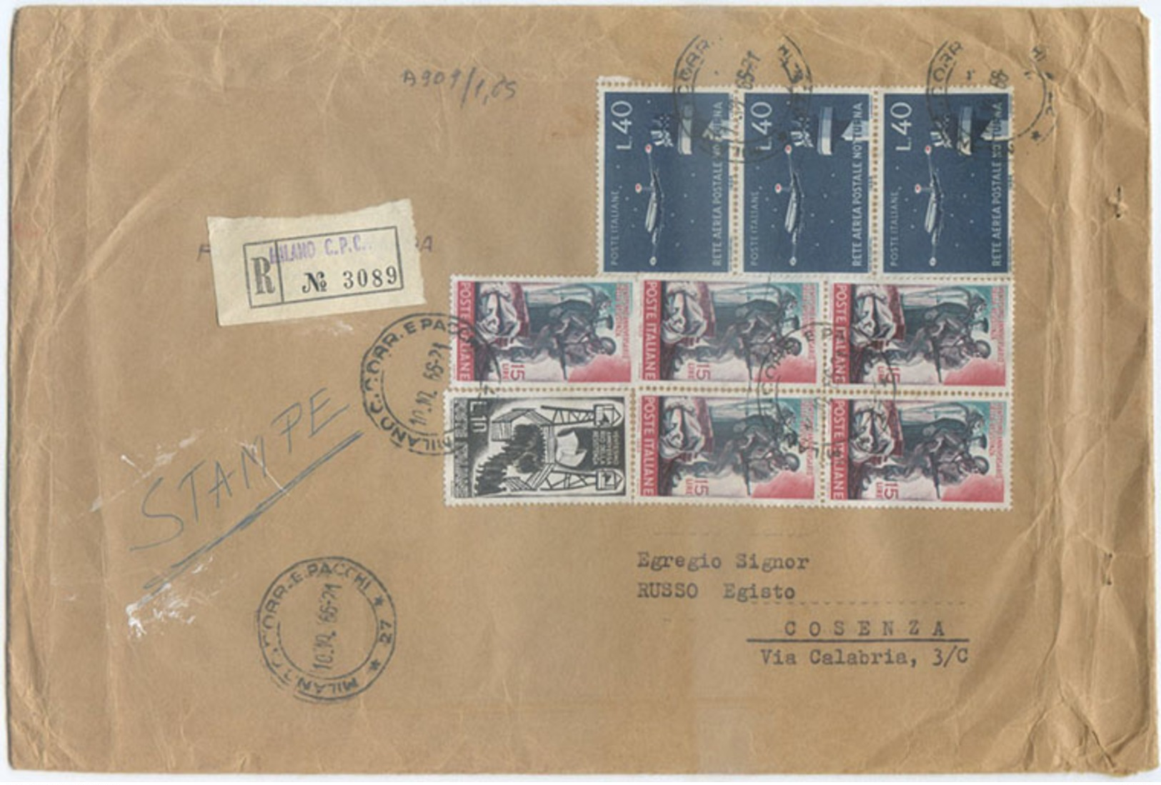 1965 RESISTENZA L. 10 + 15 BLOCCO DI 5 + RETE AEREA L. 40x3 BUSTA 10.10.66 TARIFFA STAMPE RACC. OTTIMA QUALITÀ (A909) - 1961-70: Storia Postale