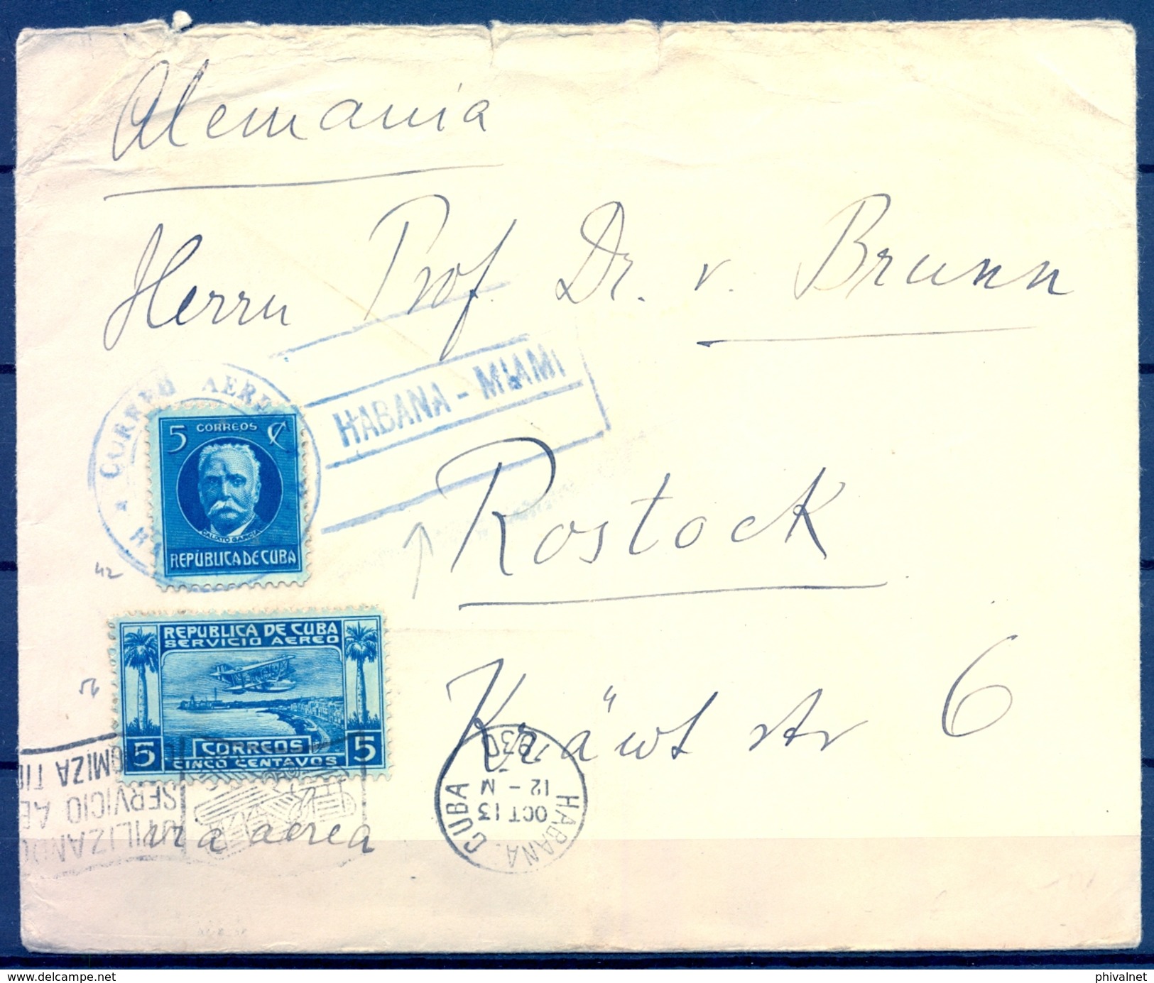 1930 , CUBA , LA HABANA - ROSTOCK ( ALEMANIA ) , CORREO AÉREO LA HABANA - MIAMI , YV. 178 , AER. 1 - Storia Postale