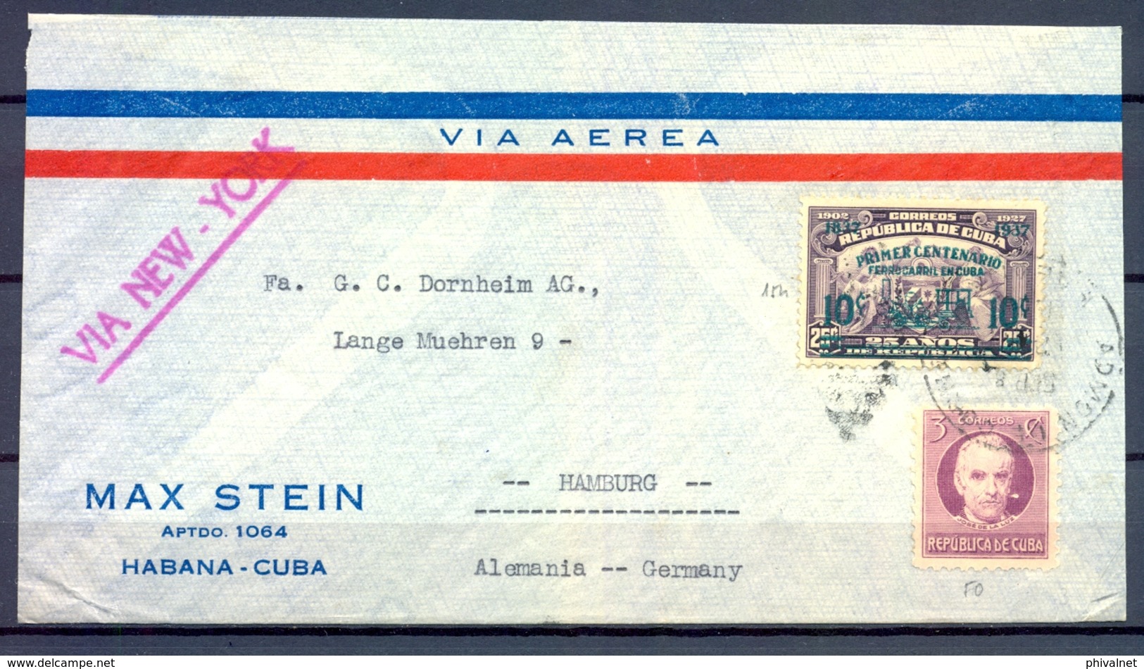 CUBA , LA HABANA - HAMBURGO , CORREO AÉREO VIA NUEVA YORK , YV. 177 , 254 , CENTENARIO DEL FERROCARRIL EN LA ISLA - Lettres & Documents