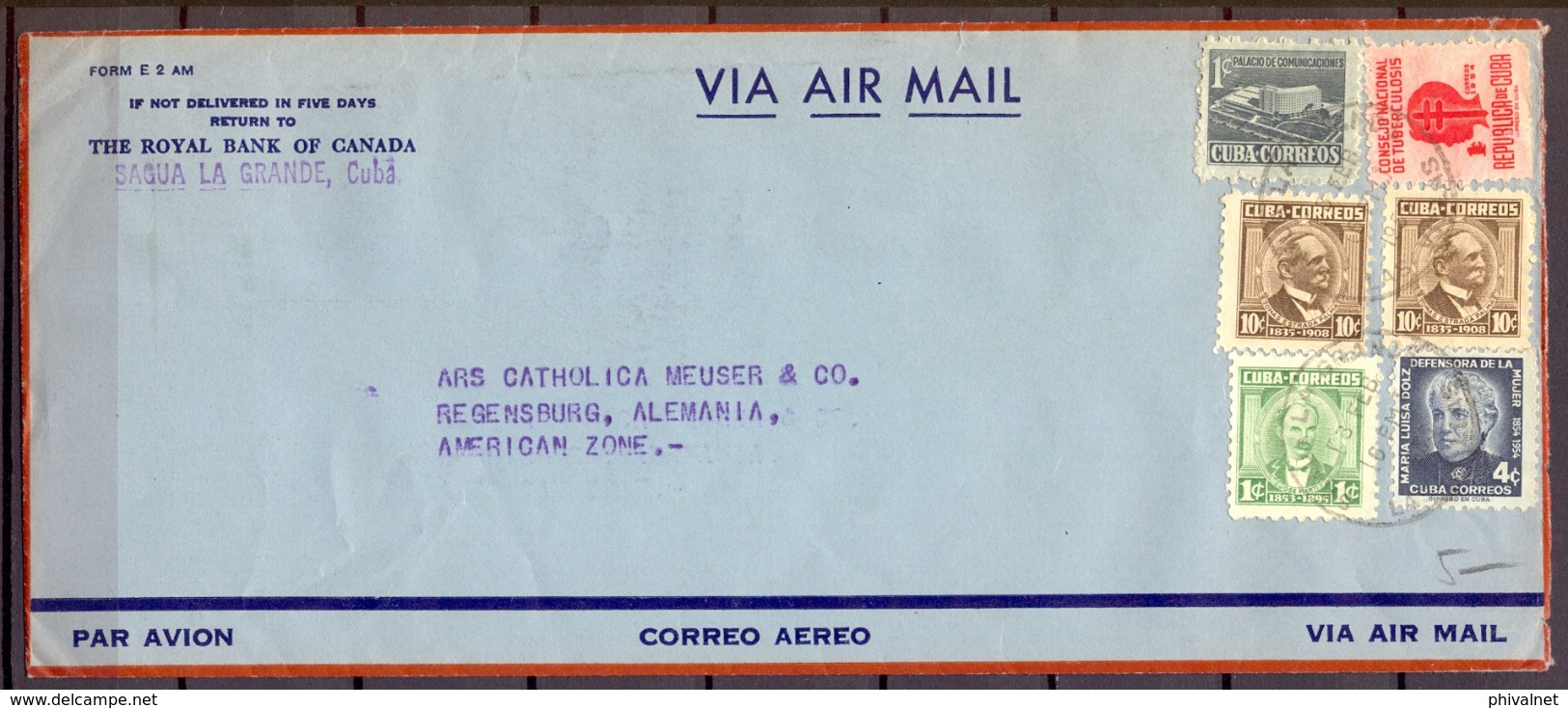 1955 , CUBA , SOBRE COMERCIAL DEL ROYAL BANK OF CANADA , CIRCULADO ENTRE SAGUA LA GRANDE Y REGENSBURG - Lettres & Documents