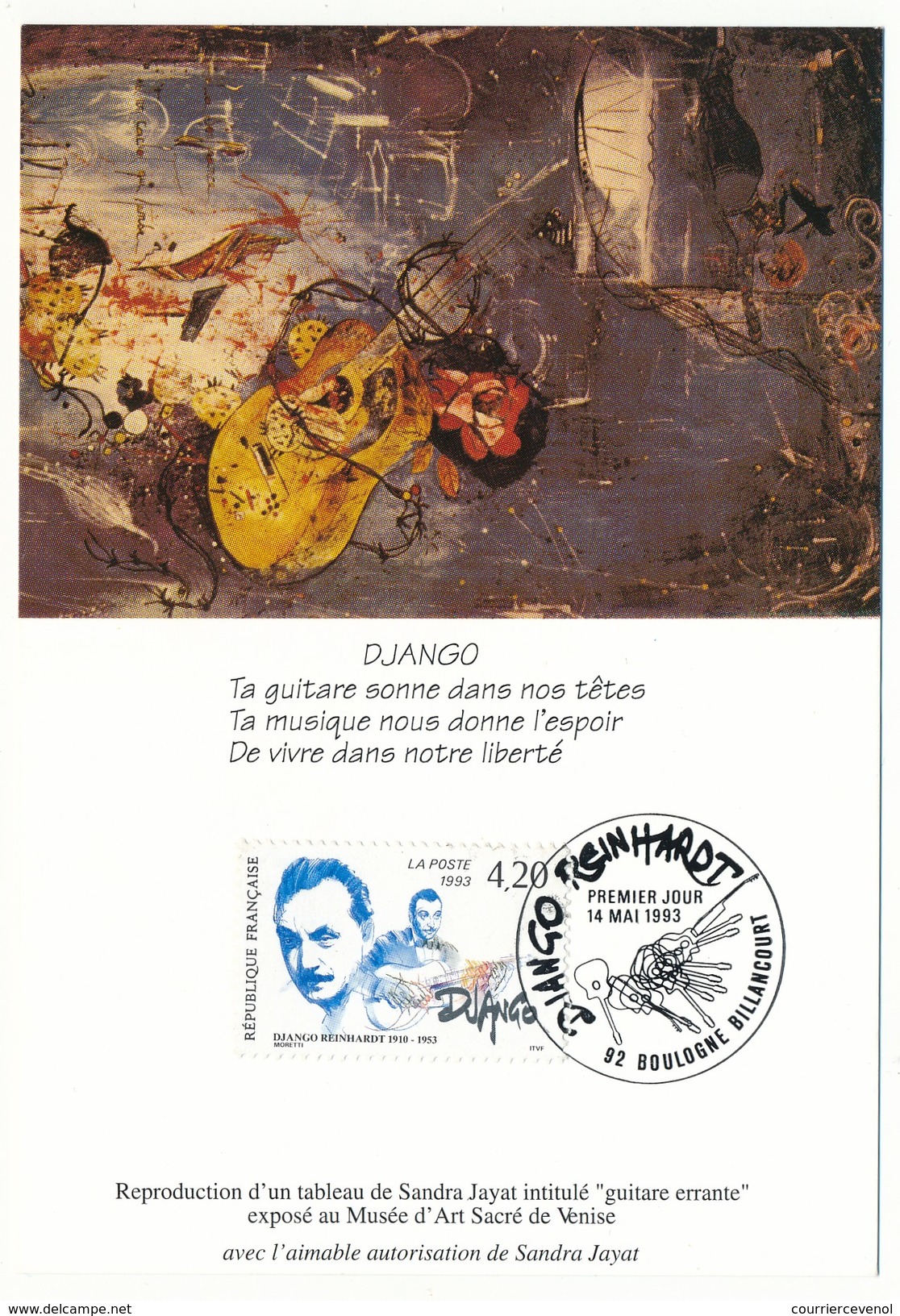 FRANCE - Carte Maximum - 4,20 DJANGO REINHARDT - Premier Jour 1993 - Boulogne Billancourt - 1990-1999