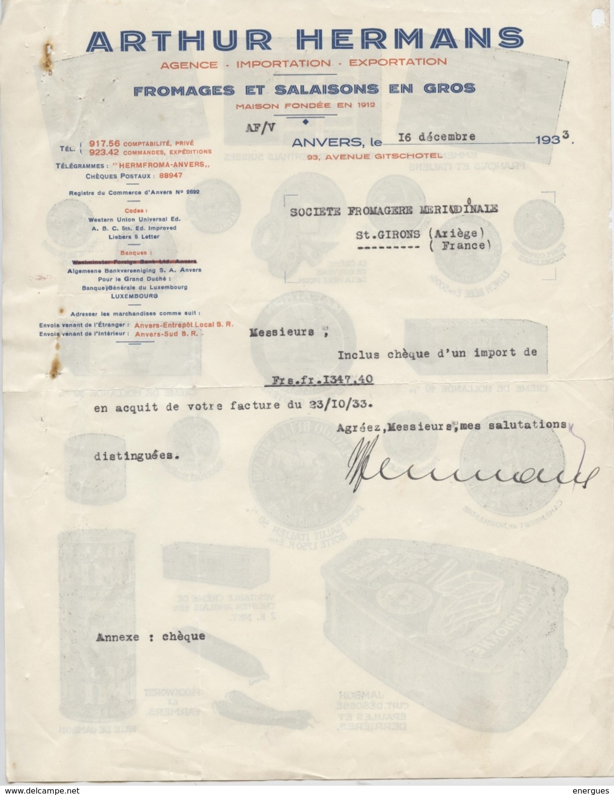 Belgique,Anvers,Antwerpen, 2 Docs,Arthur Hermans,fromages, Salaisons,société Fromagère Méridionale, Saint-Girons, Ariège - Food