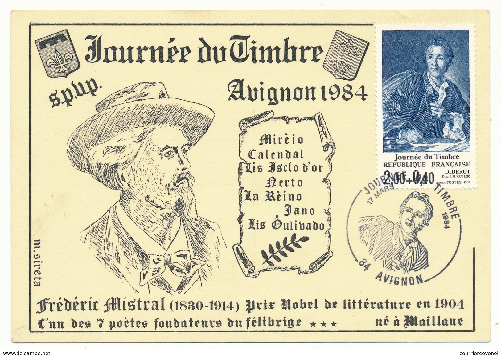 FRANCE - Carte Locale - Journée Du Timbre 1984 - AVIGNON (Vaucluse) - Timbre 2,00 + 0,40 Diderot - Dag Van De Postzegel