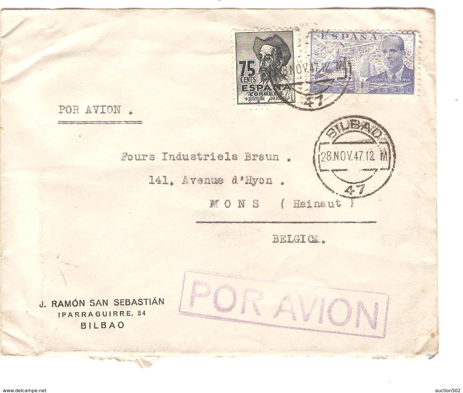 Espana-Spain Air Mail Cover Bilbao 1947 + Cinderella  Mons Belgium PR4344 - Cartas & Documentos