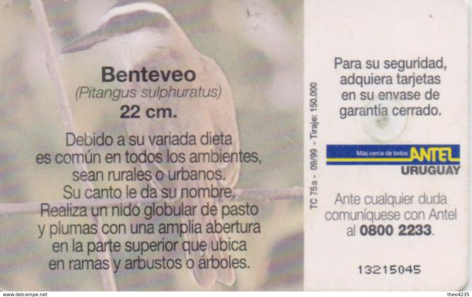 URUGUAY PHONECARD ANTEL(chip) BIRDS-Tc 75a-9/99-150000pcs-USED(bx1) - Pájaros Cantores (Passeri)