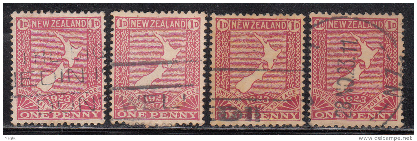 1d X 4 Used, Diff., Paper / Perferation, Restoration Of Penny Postage Series, Map, New Zealand 1923 - Gebraucht