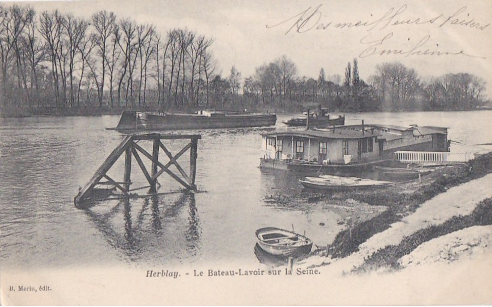 95 HERBLAY  Les Bords De SEINE  Vue Sur Le BATEAU LAVOIR  Passage D' Une PENICHE Timbre 1905 - Herblay