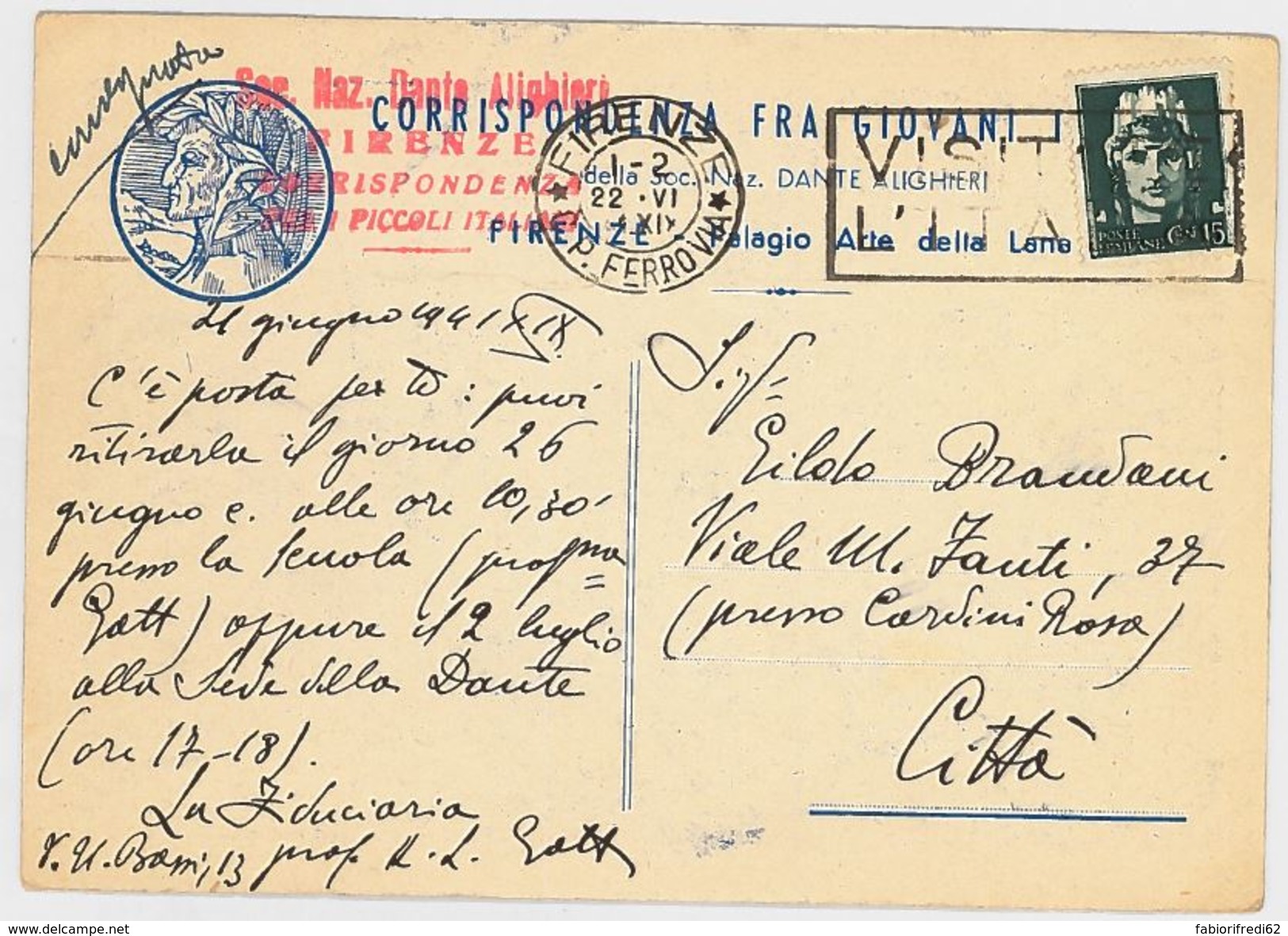 CARTOLINA VIAGGIATA 1941 CORRISPONDENZA FRA GIOVANI - SOC. DANTE ALIGHIERI (RL263 - Altri & Non Classificati
