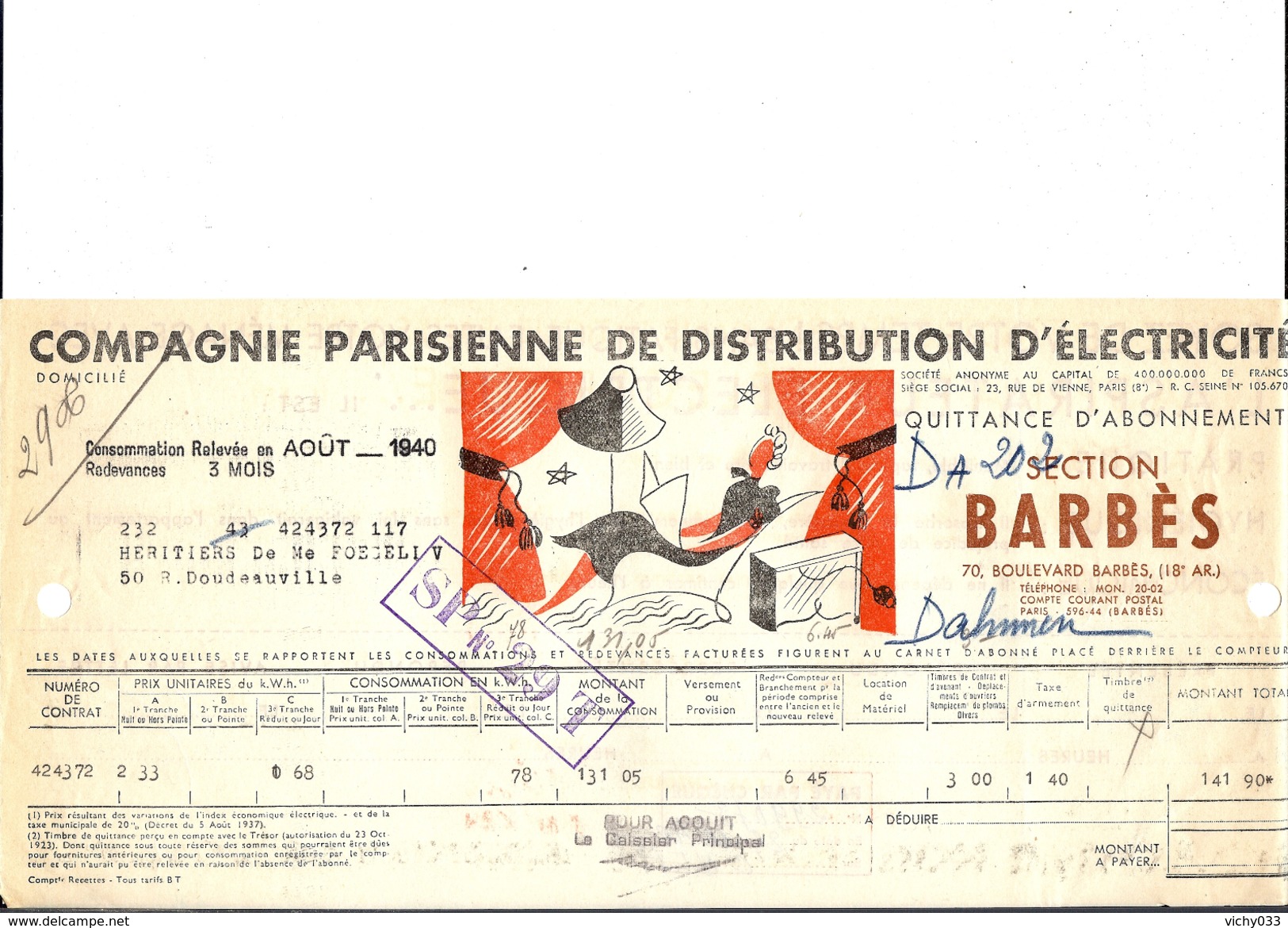 Ref 28/ 75, Paris 18ème, Compagnie Parisienne De Distribution D'Electricité, 1940, Pour Rue Doudeauville Paris - 1900 – 1949