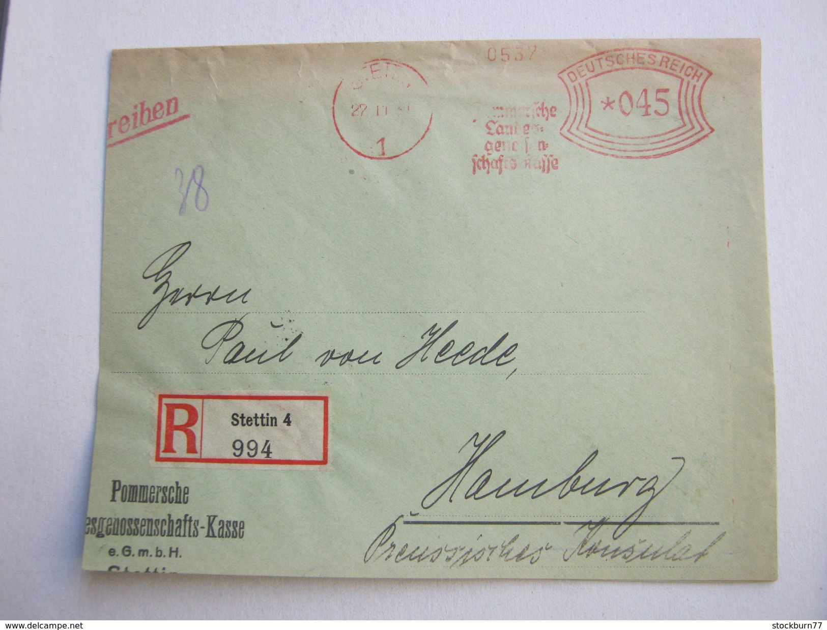 Firmen Freistempel , Meterstempel Auf Beleg Aus   STETTIN  , 1931 ,  , Etwas Verkürzt Und 3seitig Geöffnet , Einschreibe - Briefe U. Dokumente