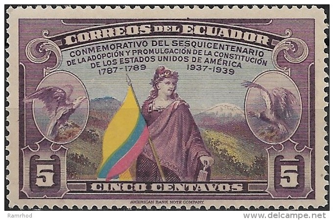 ECUADOR 1938 150th Anniv Of U.S. Constitution - 5c Liberty,Flag &amp; Eagle MH - Ecuador