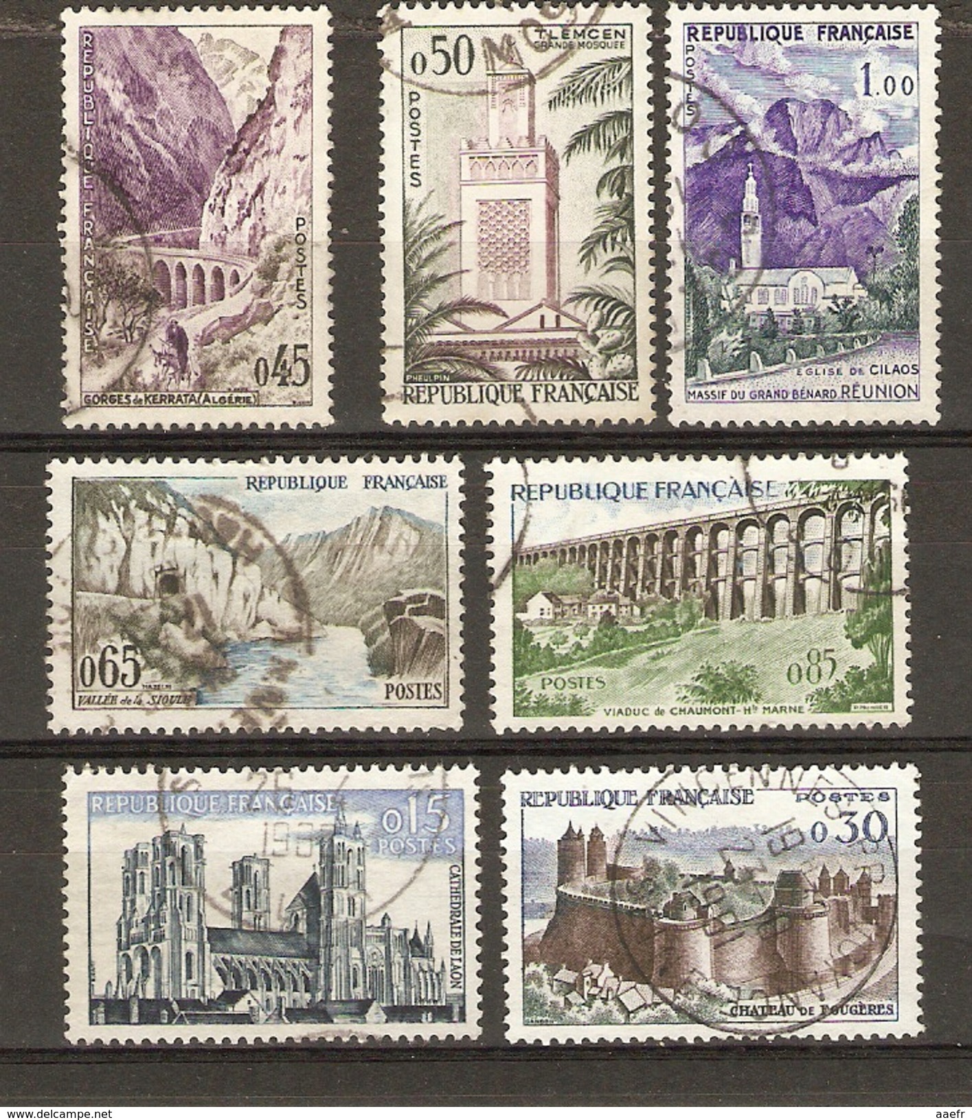 France 1960 -  Série Touristique Complète °  YT1235 à 1241 - Chaumont - Laon - Fougères - Cilaos - Tlemcen - Kerrata - Used Stamps