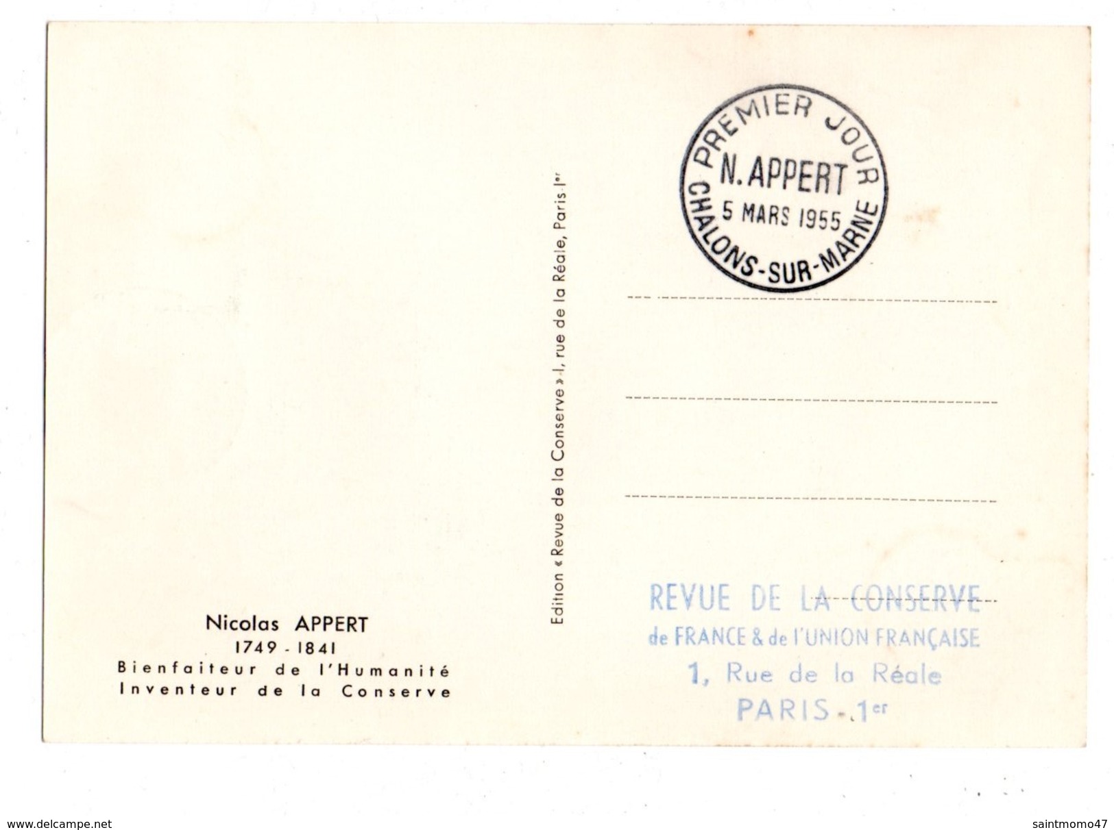 FRANCE .CARTE MAXIMUM . NICOLAS APPERT . PREMIER JOUR CHALONS-SUR-MARNE LE 05/03/1955 - Réf. N°946 - - 1950-1959