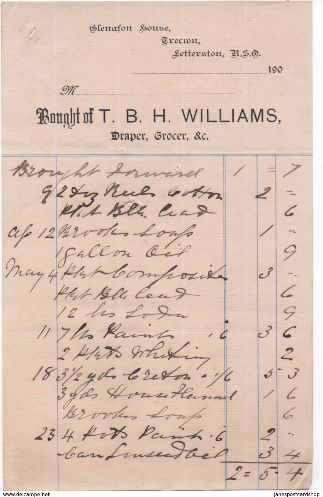 INVOICE FROM T.B.H. WILLIAMS - GROCER - TRECWN - LETTERSTON - PEMBROKESHIRE - WALES - With R.S.O. Sorting Office - Reino Unido
