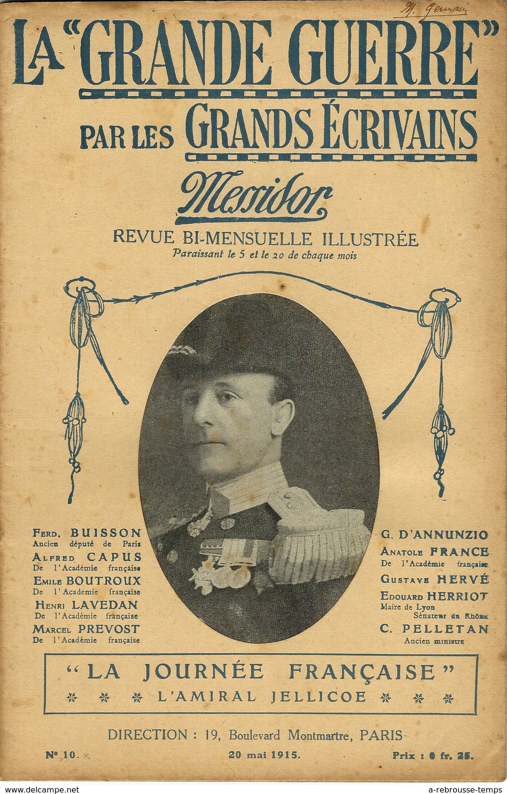 N°10-1915-REVUE MESSIDOR -LA GRANDE GUERRE PAR LES ÉCRIVAINS-l'amiral Jellicoe-voir Liste écrivains - 1900 - 1949