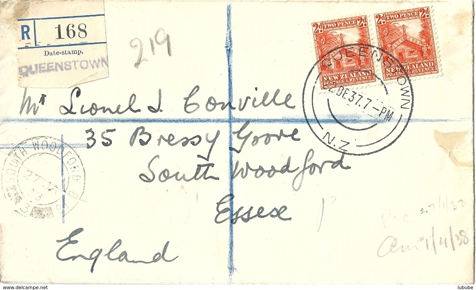 R Brief  Queenstown NZ - South Woodford             1937 - Covers & Documents