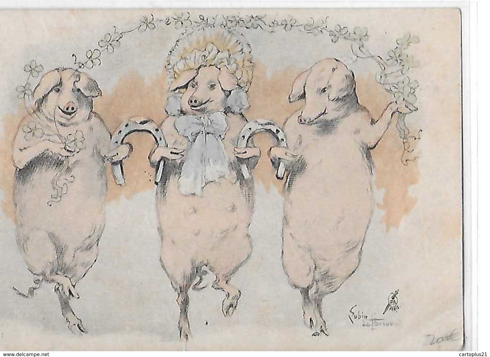 FANTAISIE ANIMAUX   3 COCHONS  AVEC FER A CHEVAL  ILLUSTRATEUR LUBIN  DE BEAUVAIS - Gekleidete Tiere