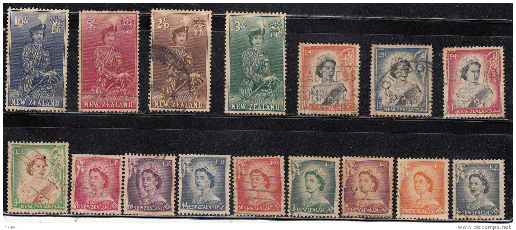 Complete Set Used QEII,  New Zealand 1953, (9d Cond., Pin Hole) As Scan - Fiscaux-postaux