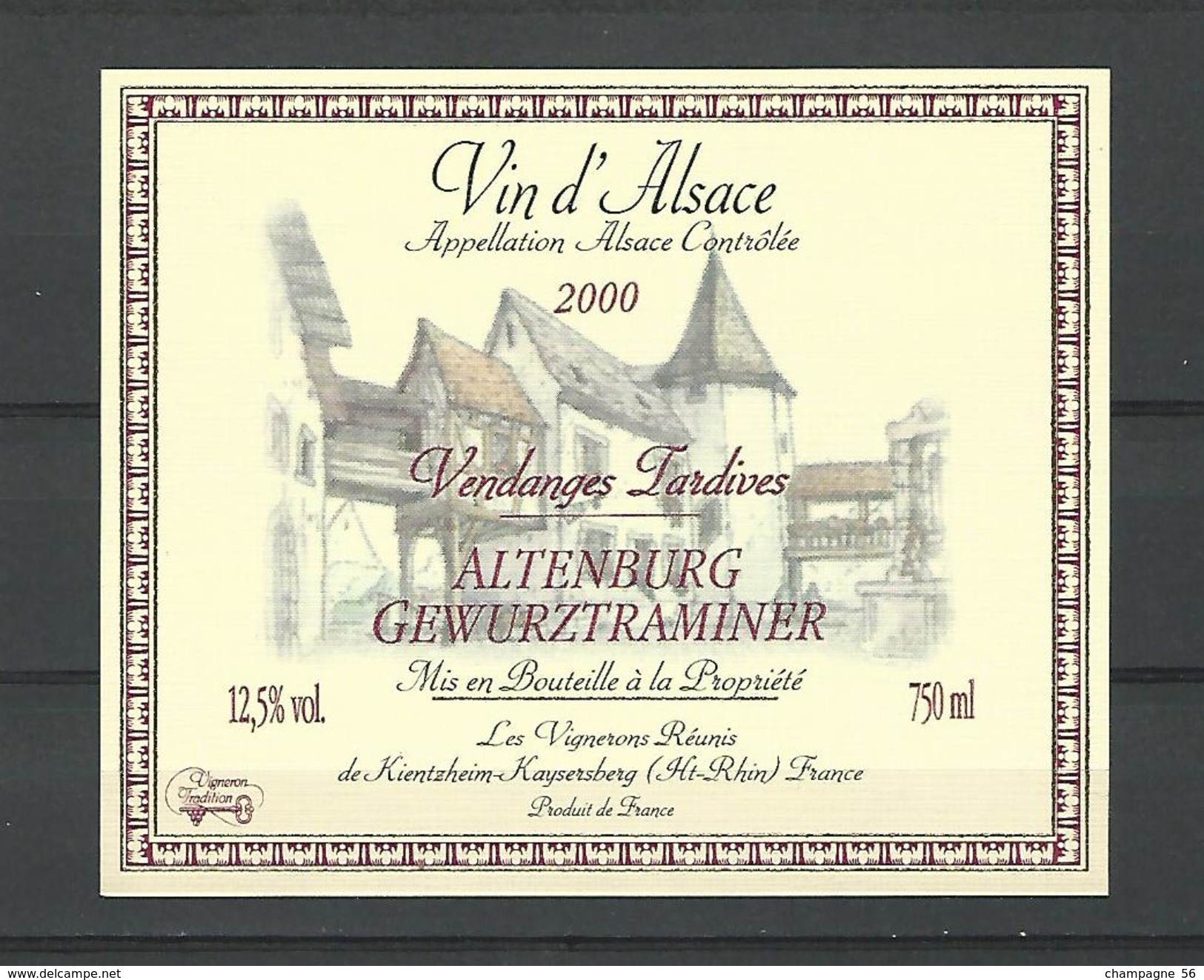 2000 D'ALSACE VIN   VENDANGES TARDIVES ALTENBURG GEWURTRAMINER CAVE  KIENTZHEIM KAYSERBERG  NEUF QUALITÉ - Gewurztraminer