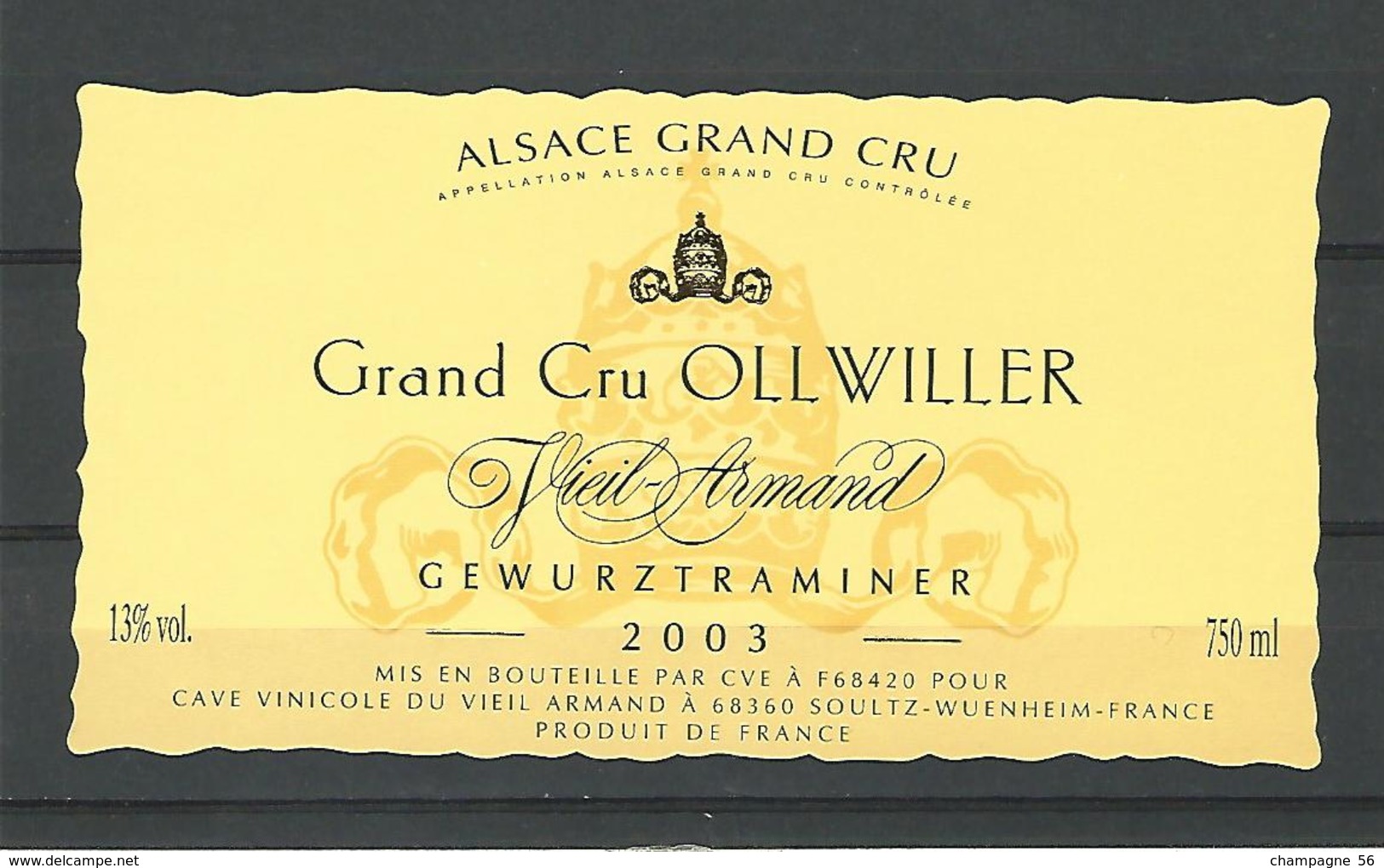 2003  VIN D'ALSACE GRAND CRU OLLWILLER VIEIL-ARMAND GEWURZTRAMINER  CAVE SOULTZ-WUENHEIM NEUF QUALITÉ LUXE - Gewurztraminer