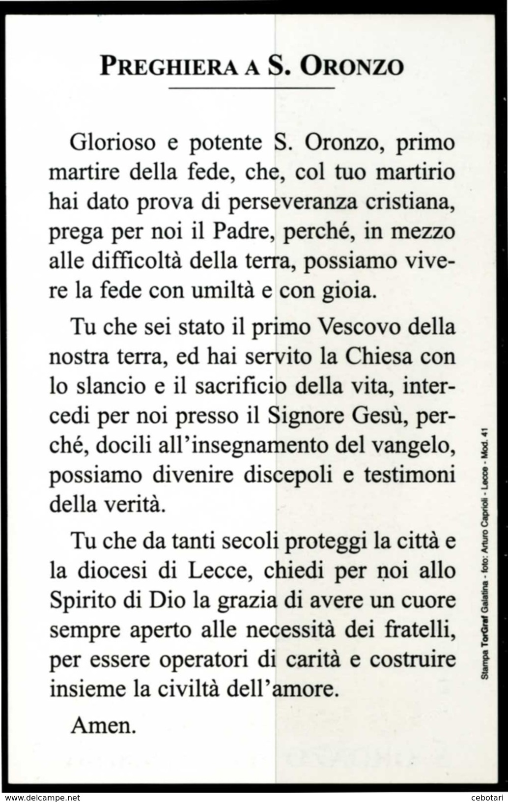 SANTINO - S.Oronzo Vescovo, Martire  - Santino Con Preghiera, Come Da Scansione. - Images Religieuses