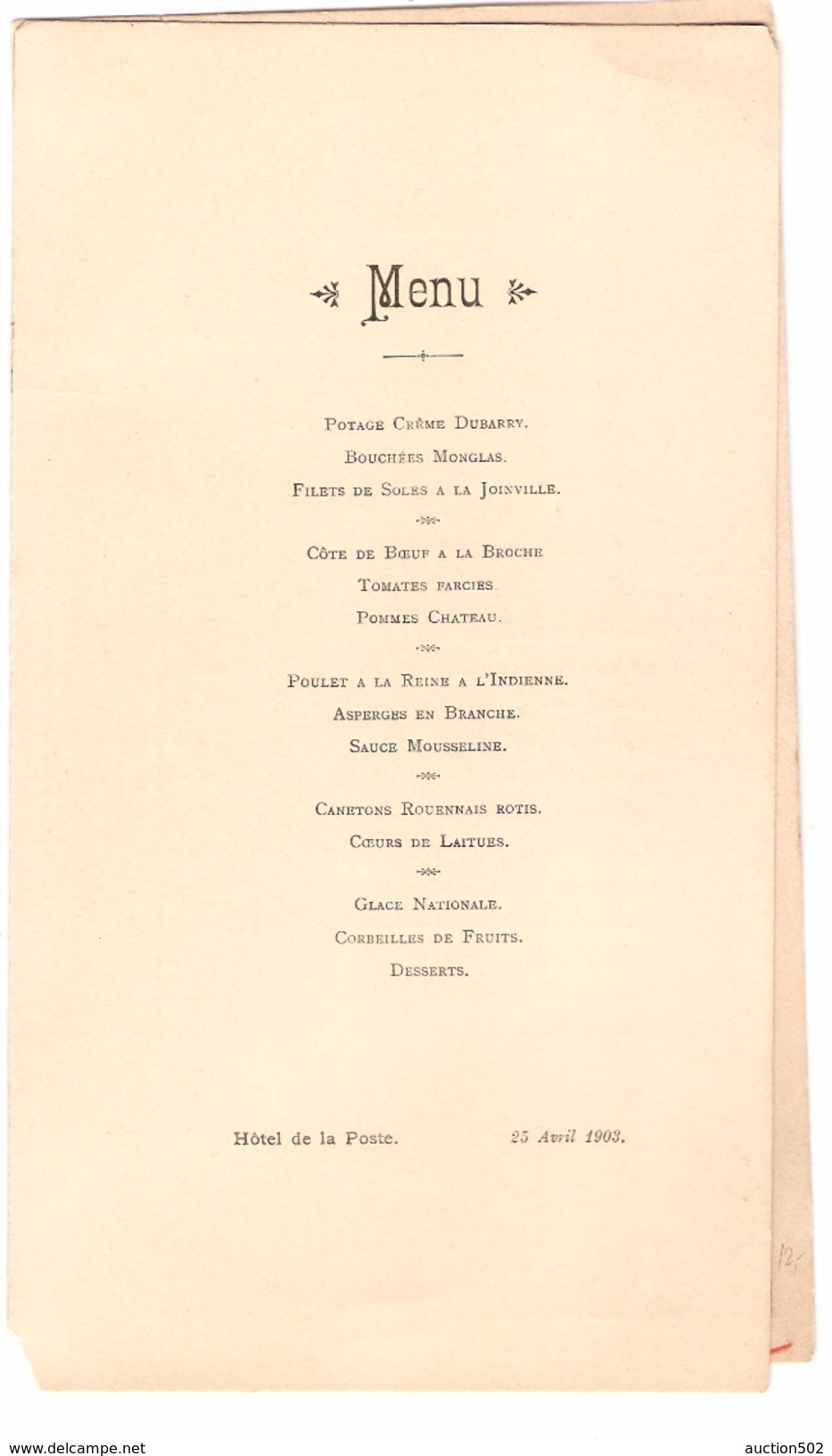 Banquet Annuel De La Fédération Des Officiers De La Garde Civique Du Royaume 25/4/1903 PR4364 - Menus