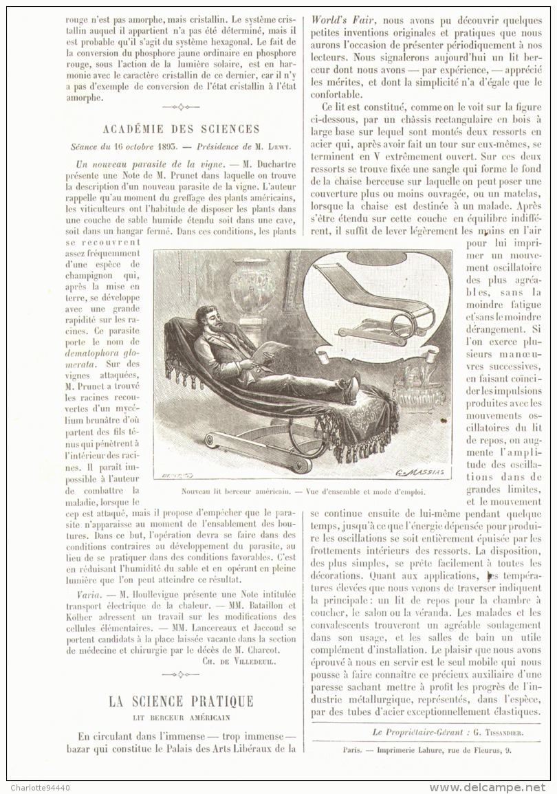 LA SCIENCE PRATIQUE  " LIT BERCEUR AMERICAIN " 1893 - Autres & Non Classés