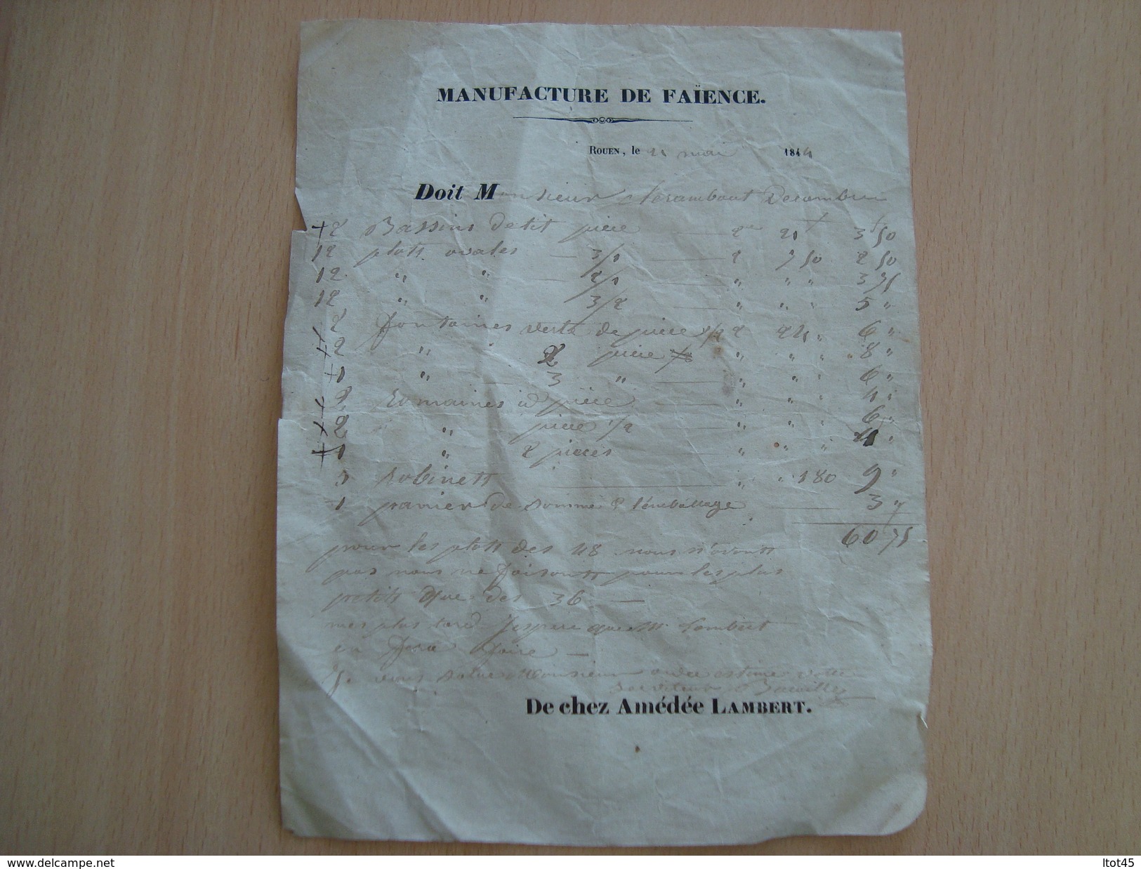 Facture MANUFACTURE DE FAÏENCE 1844 DE CHEZ AMEDEE LAMBERT - 1800 – 1899