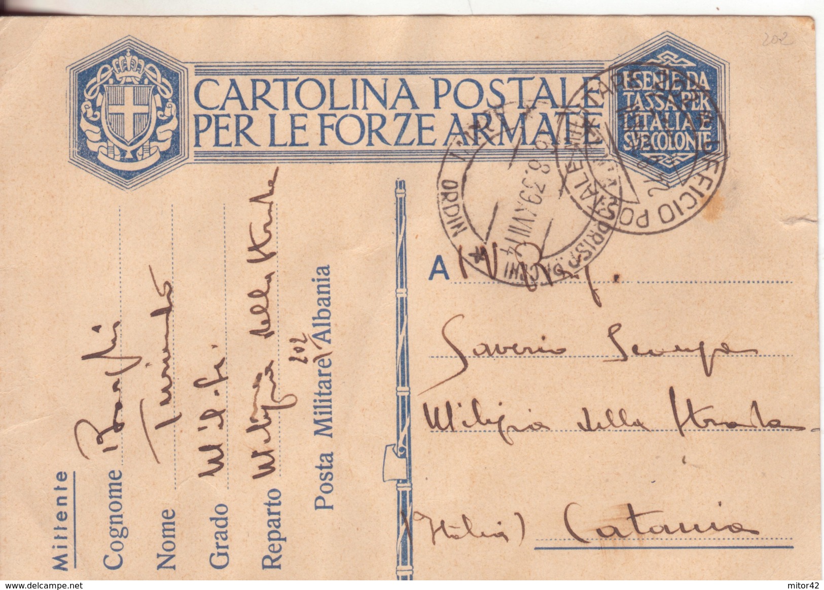 132-cartolina In Franchigia 2^Guerra-Ufficio Postale Militare N.202 Del 21.8.39 (Albania) X Catania - Militaria