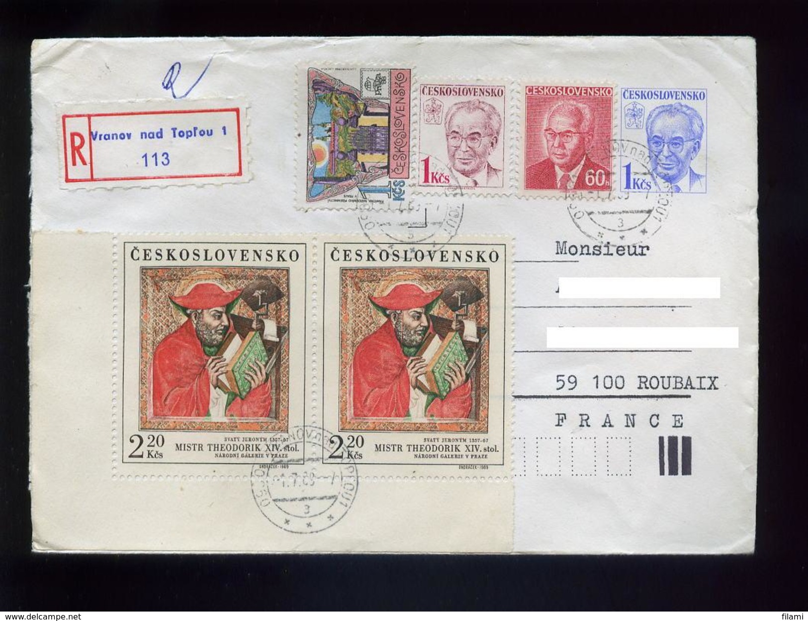 Marcophilie,entier Postal Tchècoslovaquie,tableau,religion St Jérôme,lettre Recommandée Vranov Nad Toplou 1989 - Briefe