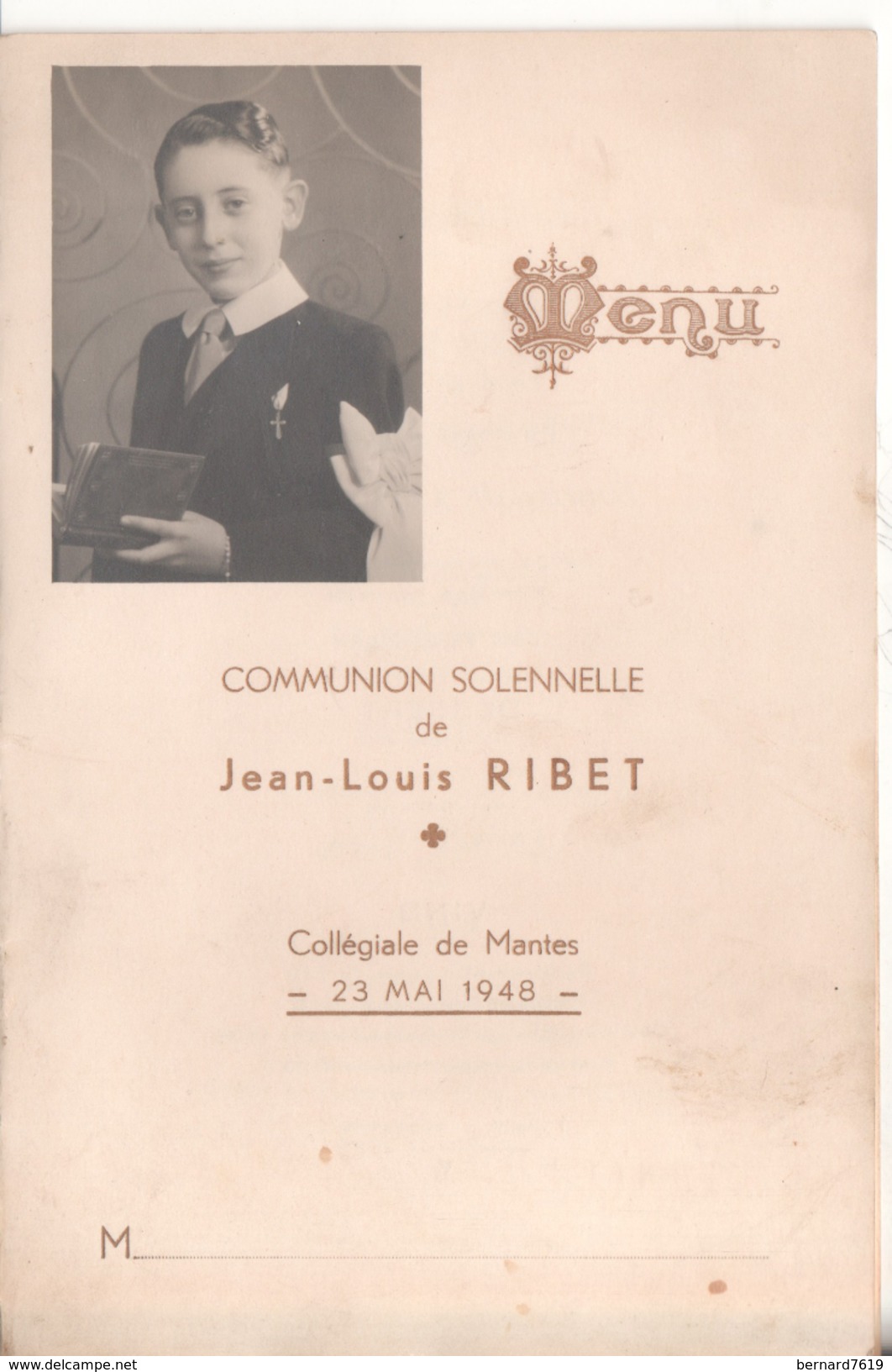 Menu Communion Solennelle Jean Louis Rinet 78 Mantes Collegiale 23 Mai 1948 - Menus