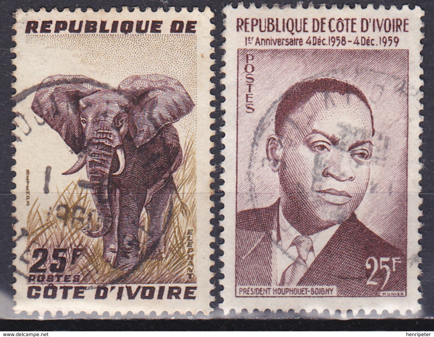 Lot De 2 Timbres-poste Oblitérés - Éléphant Président Félix Houphouët-Boigny - N° 178-180 (Yvert) - RCI 1959 - Autres - Afrique