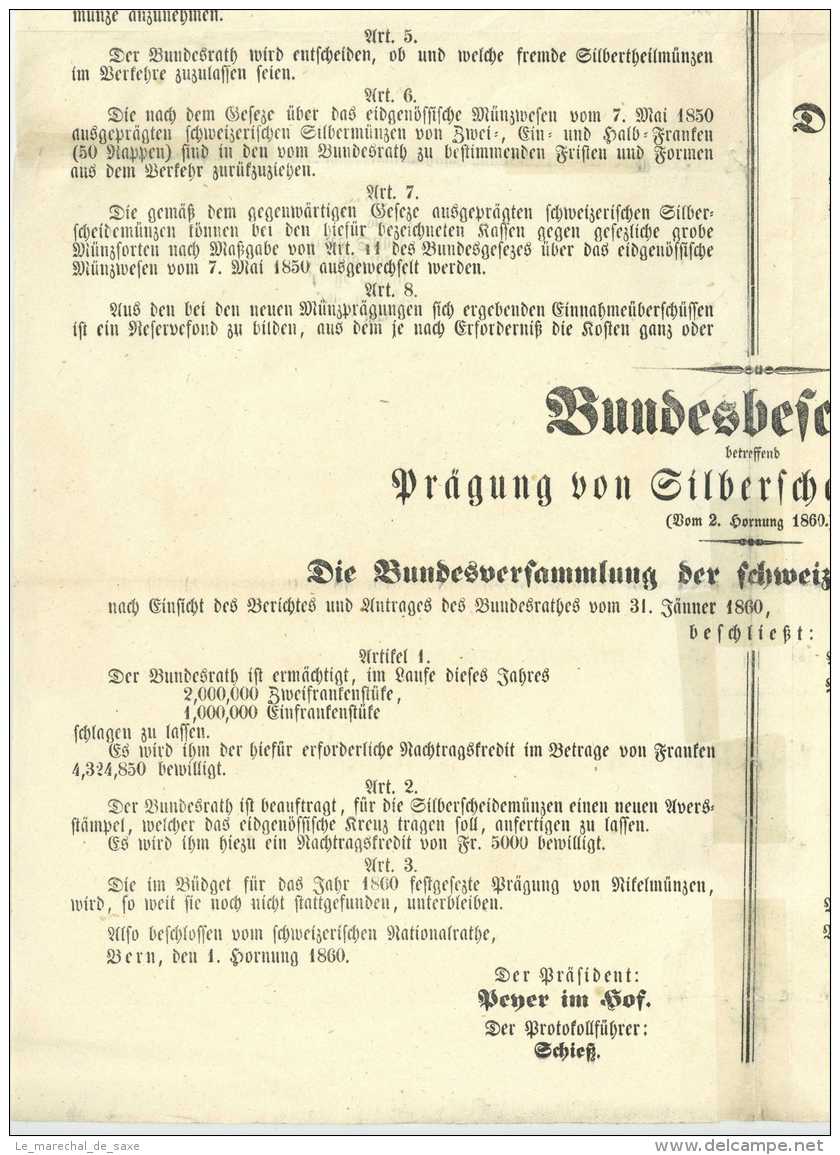 BERN SCHWEIZ 1860 - Bundesgesetz Münwesen Eidgenossenschaft Scheidemünzen Numismatik Suisse - Libros & Software