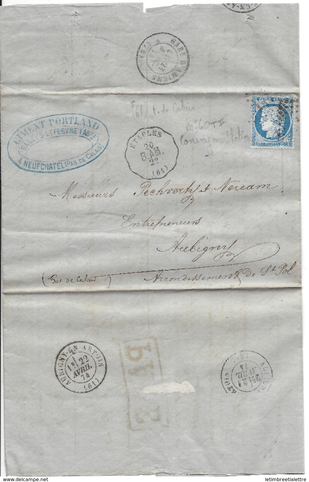 N° 60 Type 2 Sur Lettre Du Pas De Calais, ( Convoyeur Station ) - 1871-1875 Ceres