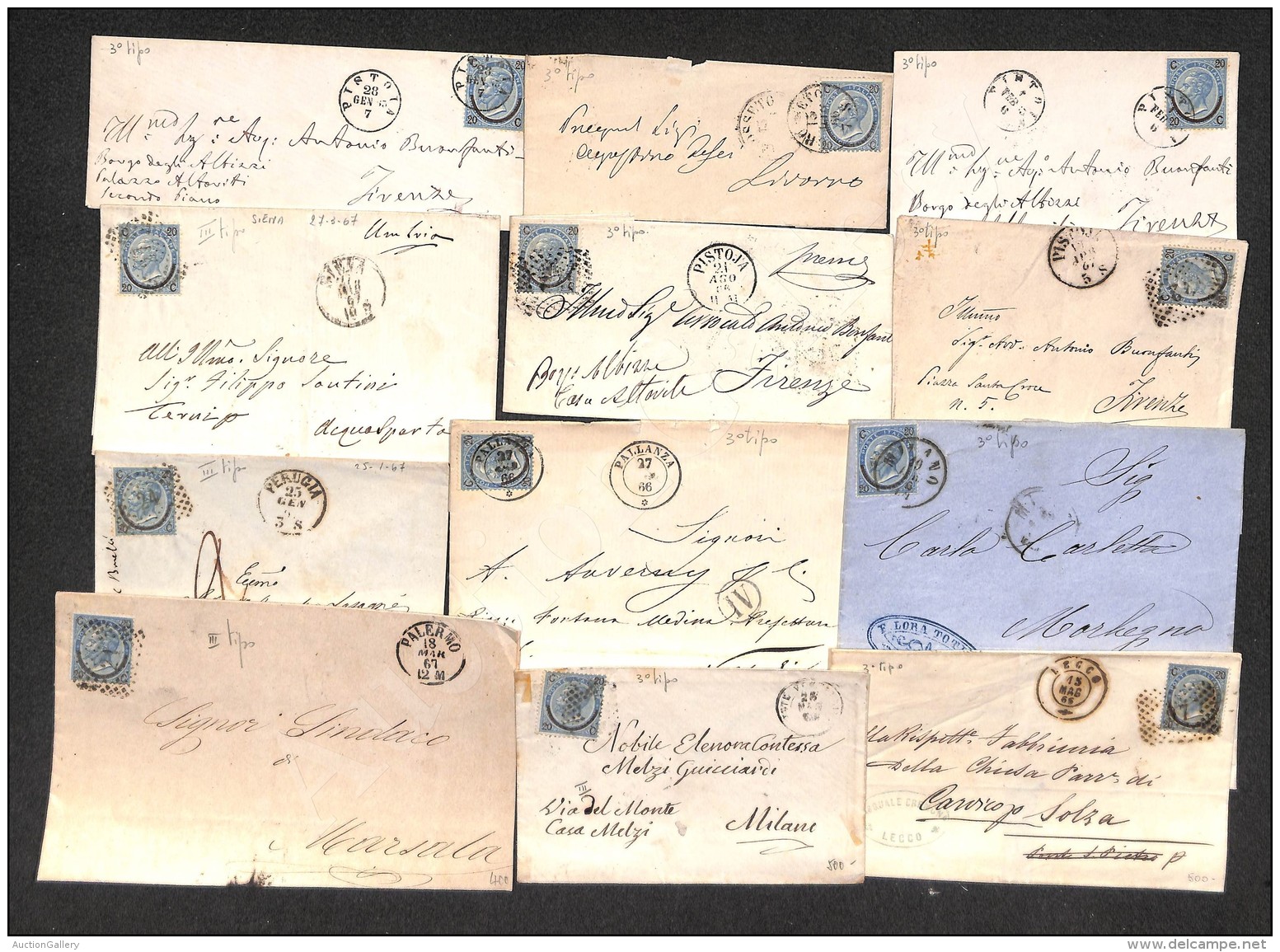 Regno - 1865/1867 - Dodici Bustine Col 20 Cent (25) - Interessante Insieme - Other & Unclassified