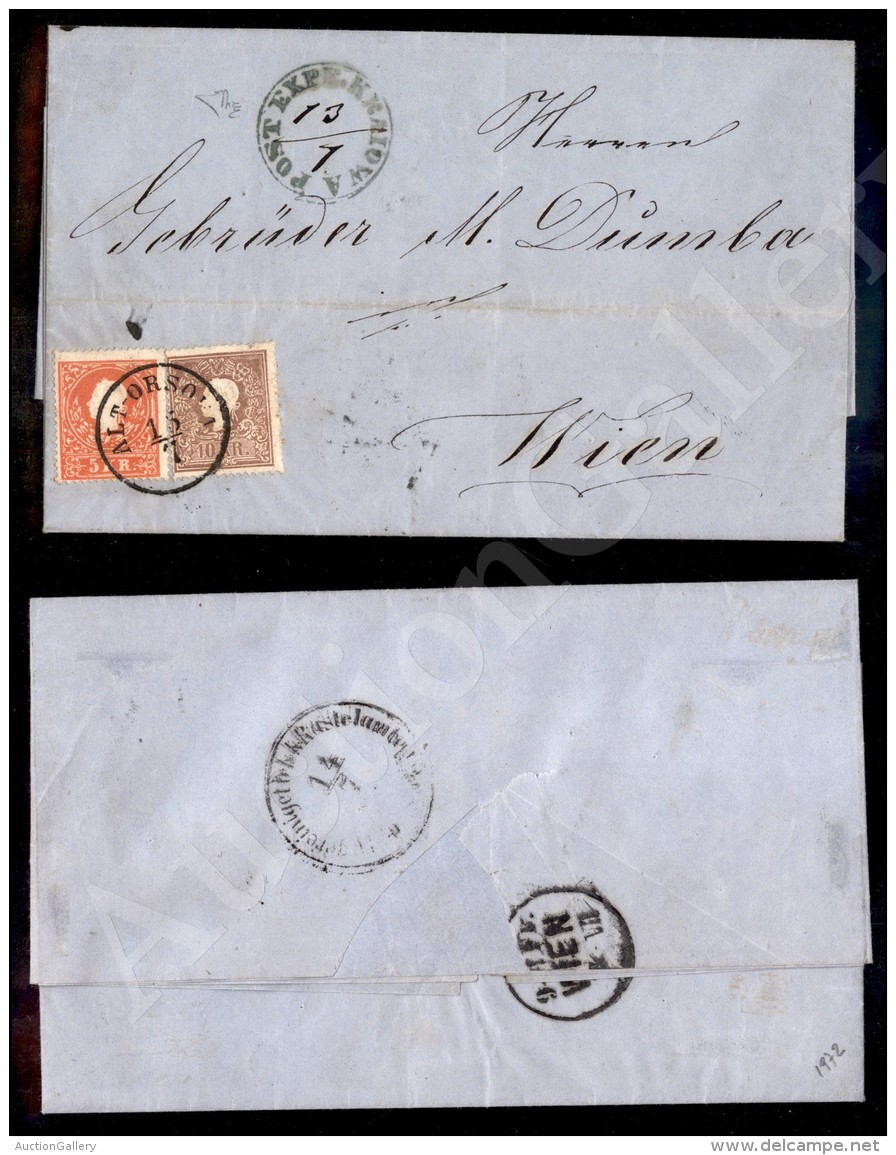Austria - Post Expe. Kraiova 13/7 (azzurro - 1859) - Lettera Per Vienna Via Alt Orsola (15/7) Affrancata Per 15... - Other & Unclassified