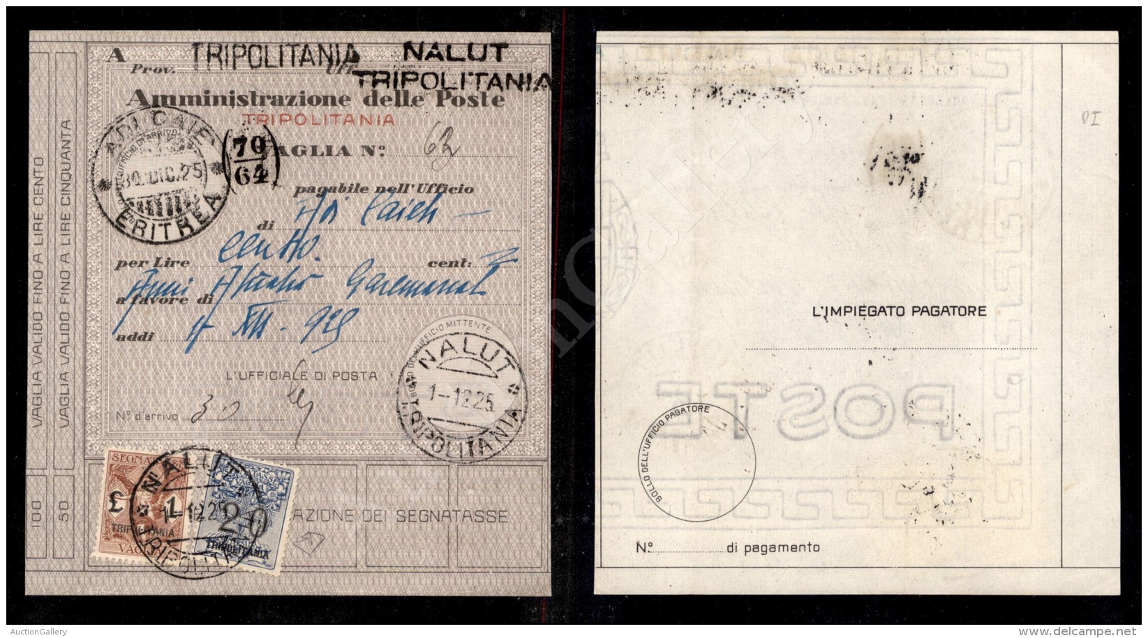 Tripolitania - Segnatasse Vaglia - 20 Cent (1) + 1 Lira (4) Su Bollettino Da Nalut Del 1.12.25 - Diena (1.200) - Other & Unclassified