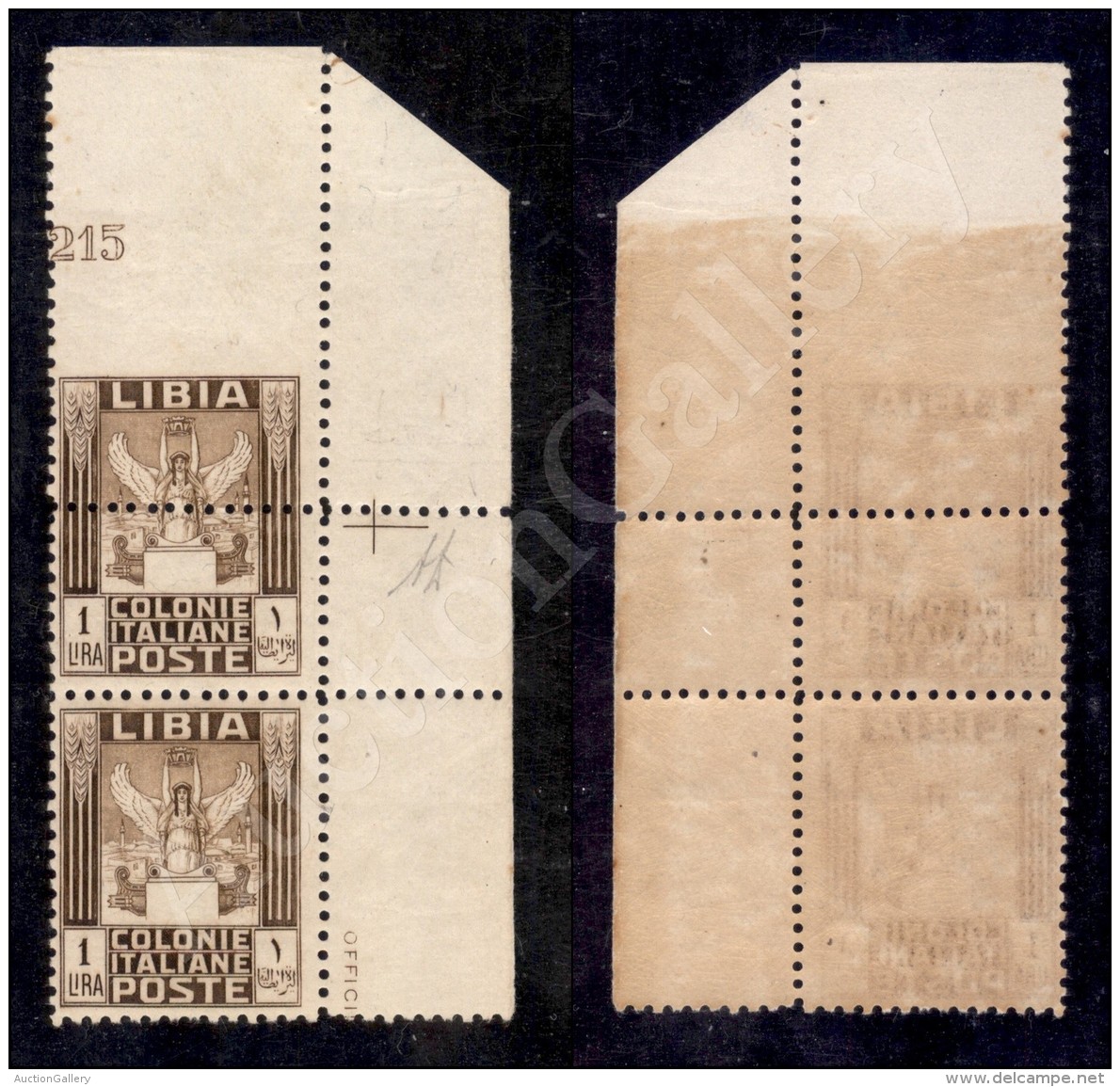 Libia - 1926 - Coppia Angolare Del 1 Lira (65ca + 65 - Dentellatura Superiore Spostata Al Centro) Con Numero Di... - Other & Unclassified
