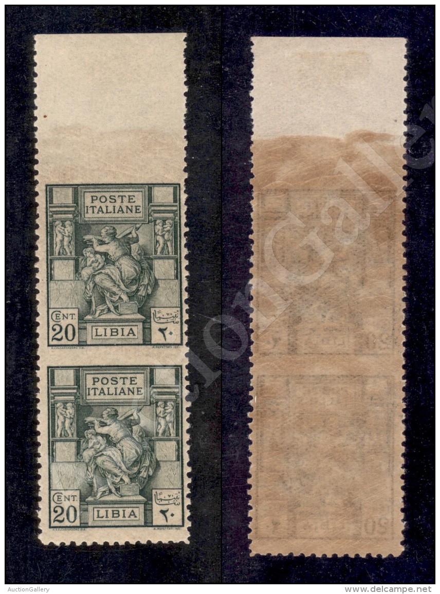 Libia - 1926 - Coppia Verticale Del 20 Cent (54f - Non Dentellata Al Centro E In Alto) Nuova Con Gomma Integra... - Sonstige & Ohne Zuordnung